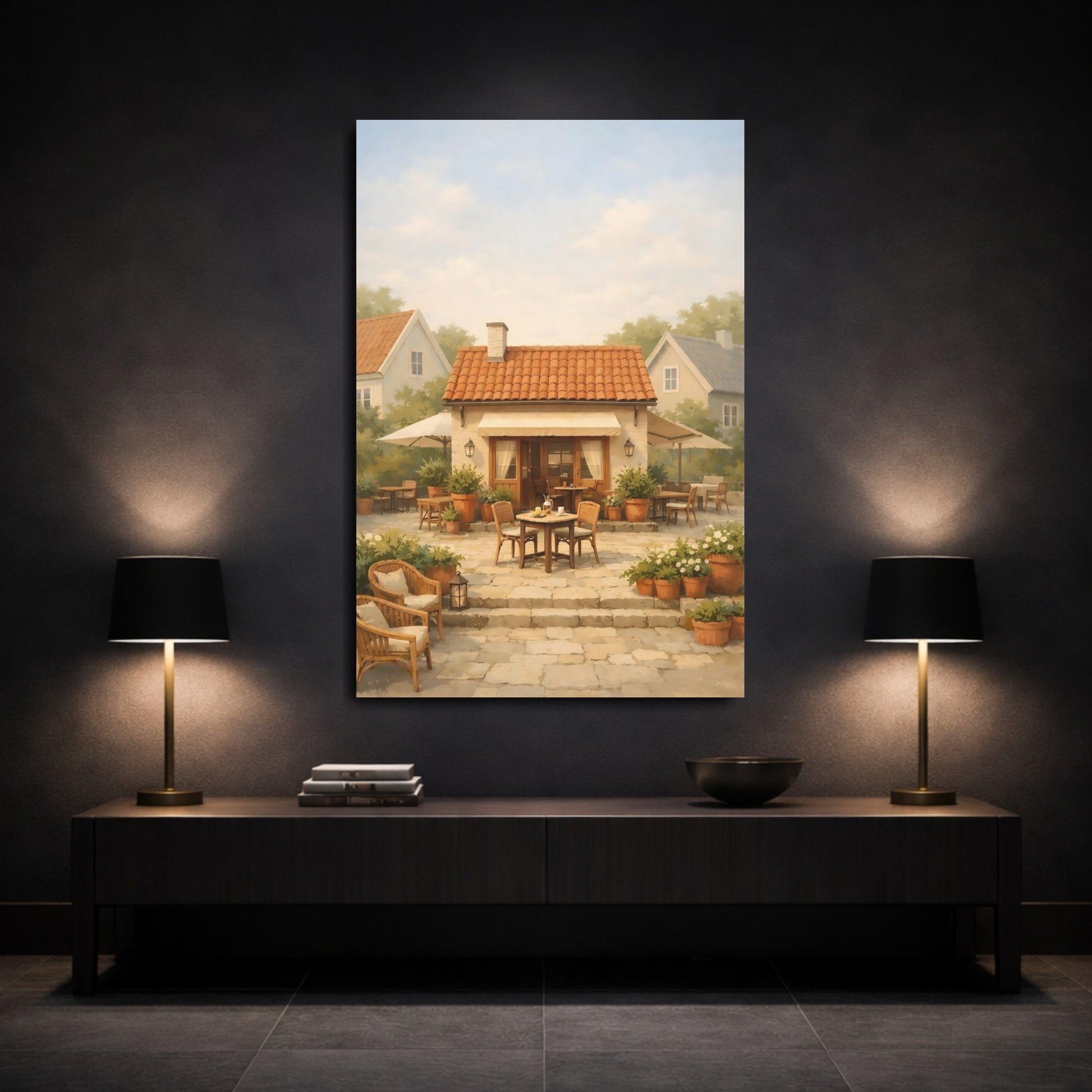 Mockup 2. Vintage Cafe Patio Rustic Cafe Scene shown as stretched canvas wall art