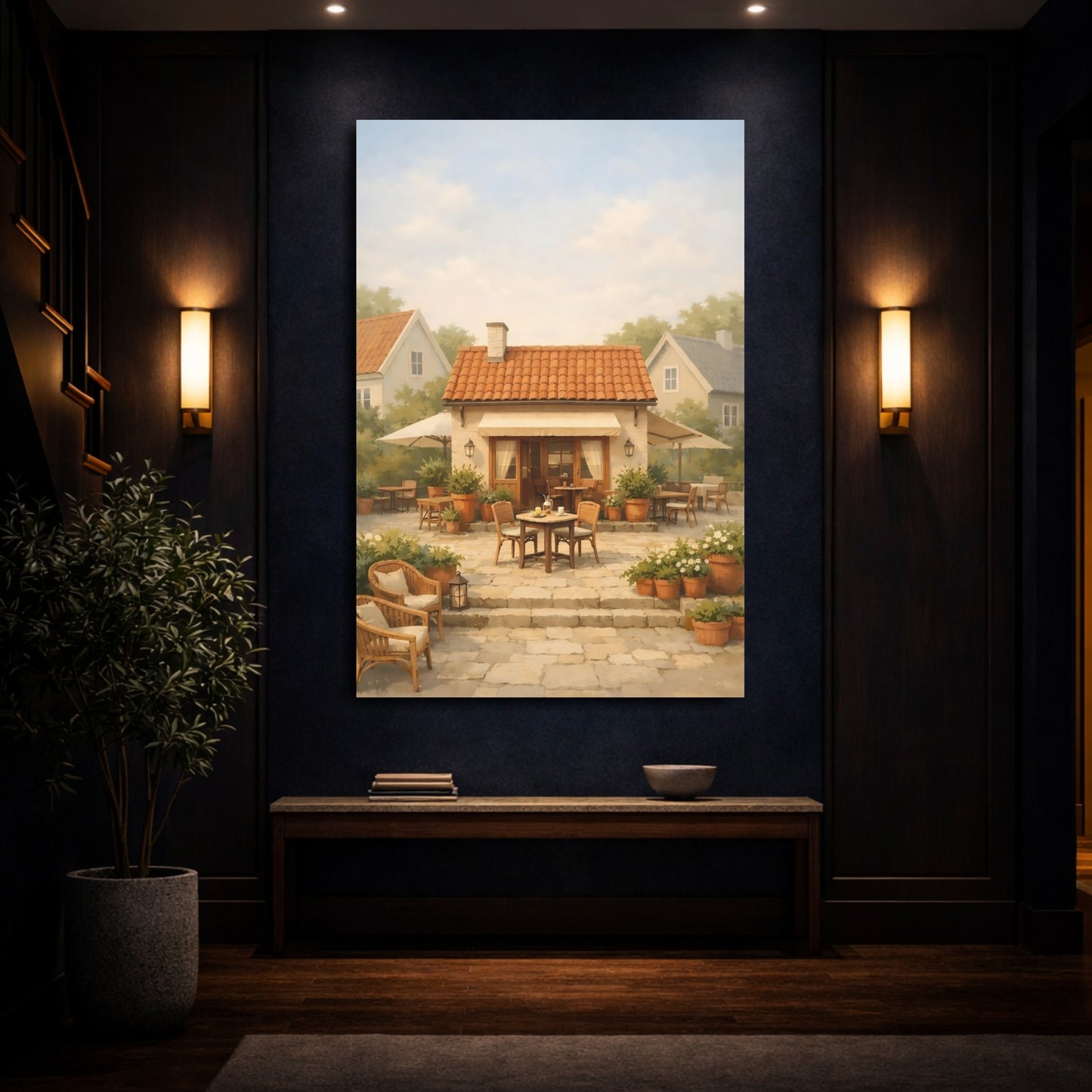 Mockup 3. Vintage Cafe Patio Rustic Cafe Scene shown as stretched canvas wall art