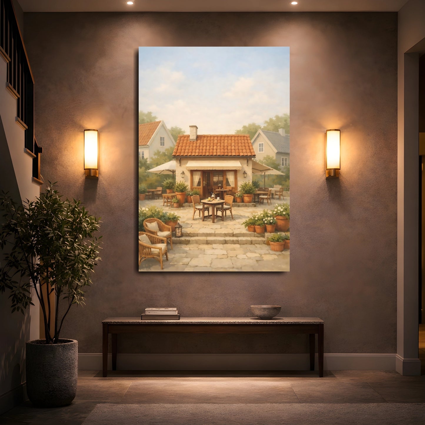 Mockup 4. Vintage Cafe Patio Rustic Cafe Scene shown as stretched canvas wall art
