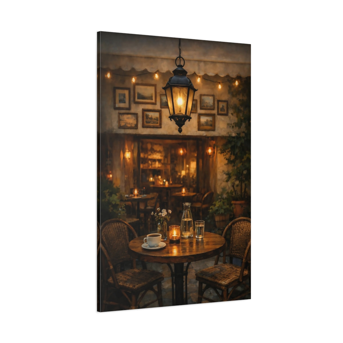 Main Mockup. Vintage Cafe Table Cozy Cafe Scene shown as stretched canvas wall art
