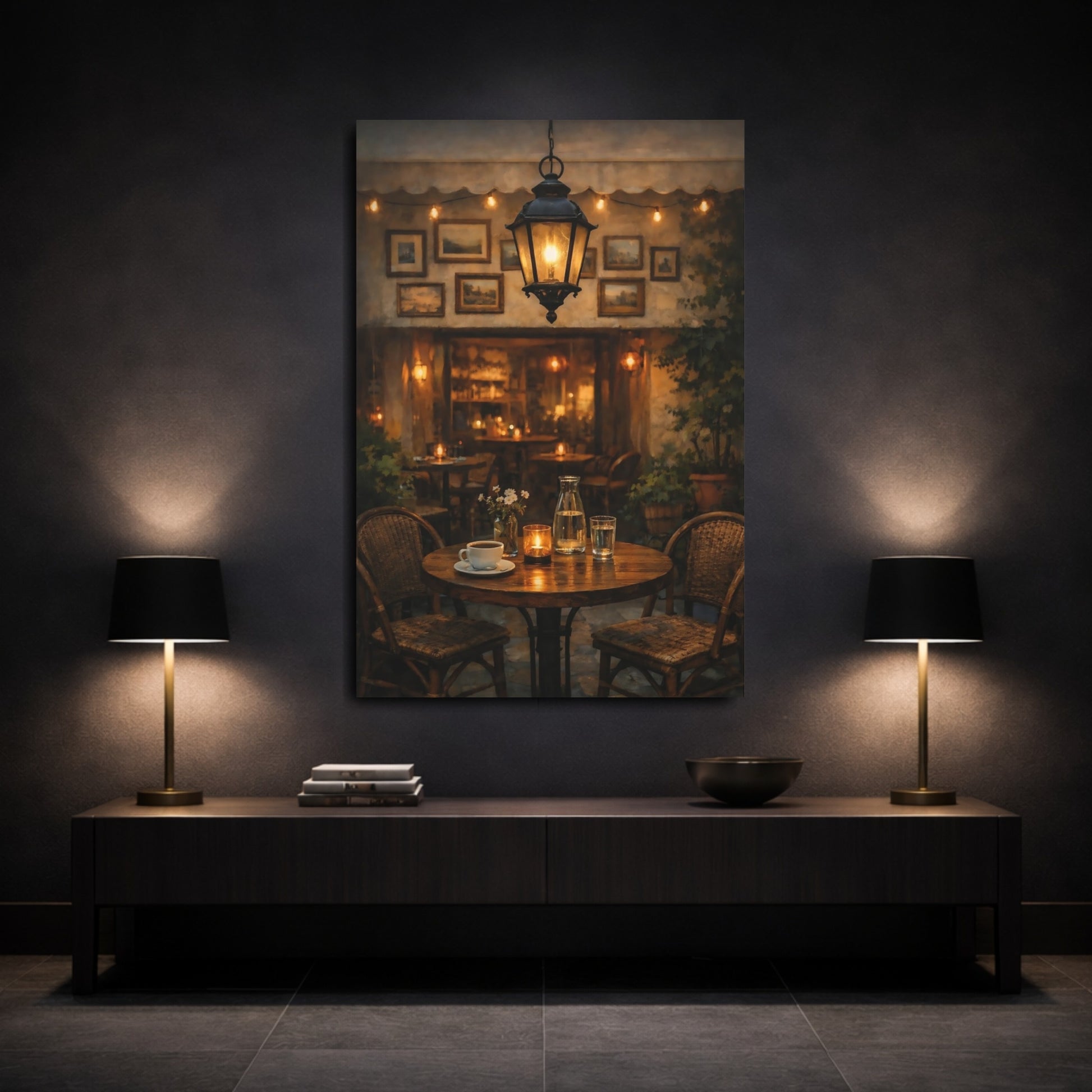 Mockup 2. Vintage Cafe Table Cozy Cafe Scene shown as stretched canvas wall art