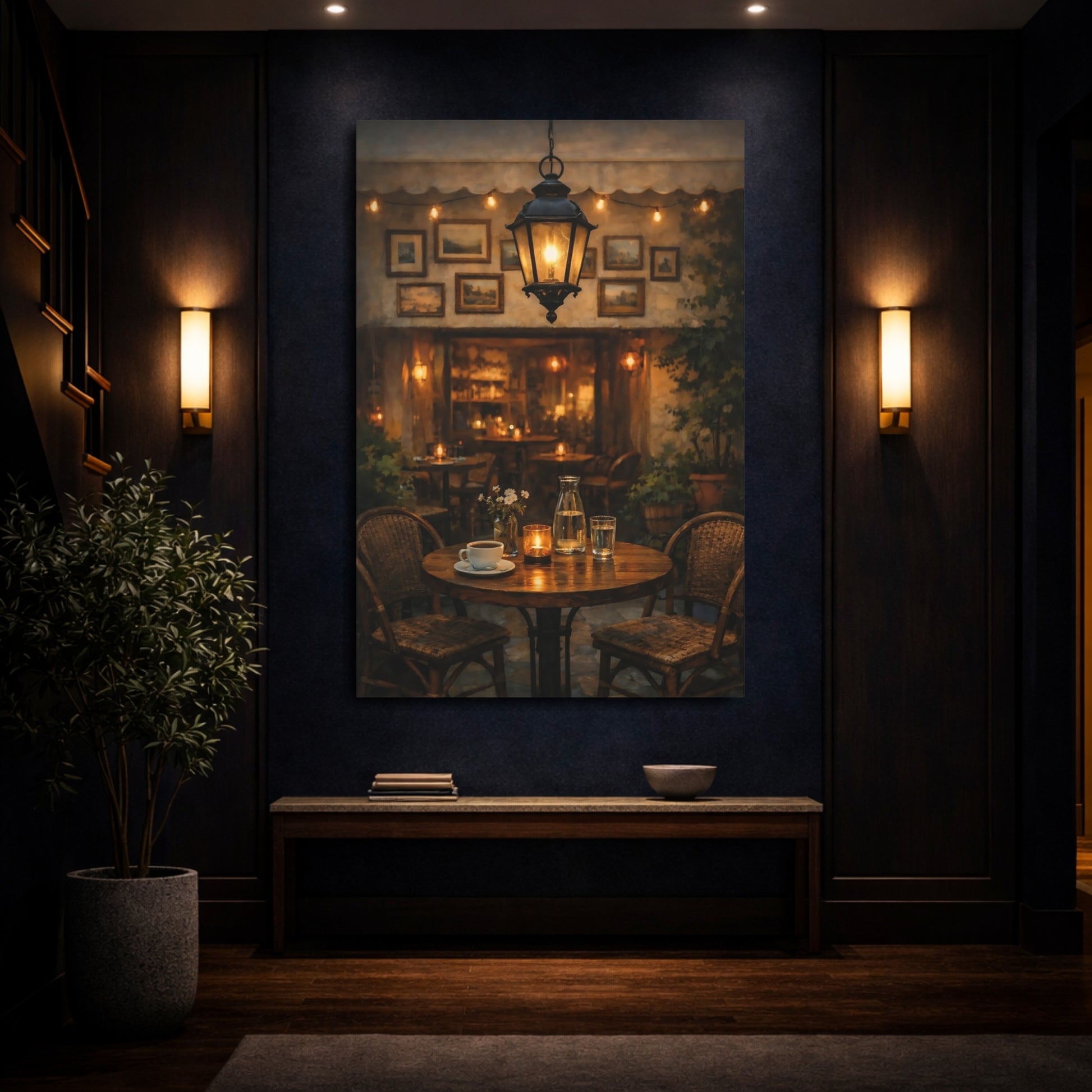 Mockup 3. Vintage Cafe Table Cozy Cafe Scene shown as stretched canvas wall art