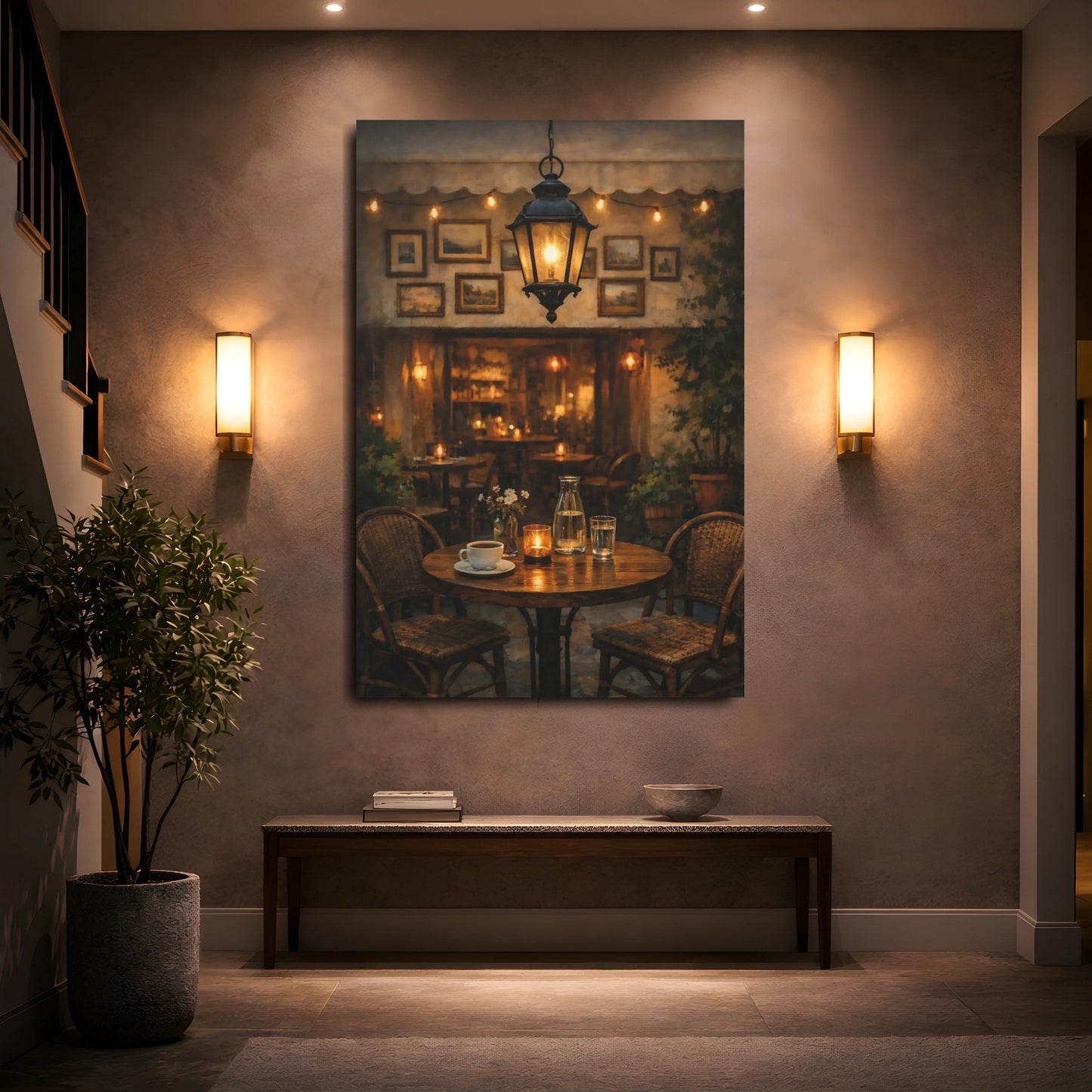 Mockup 4. Vintage Cafe Table Cozy Cafe Scene shown as stretched canvas wall art