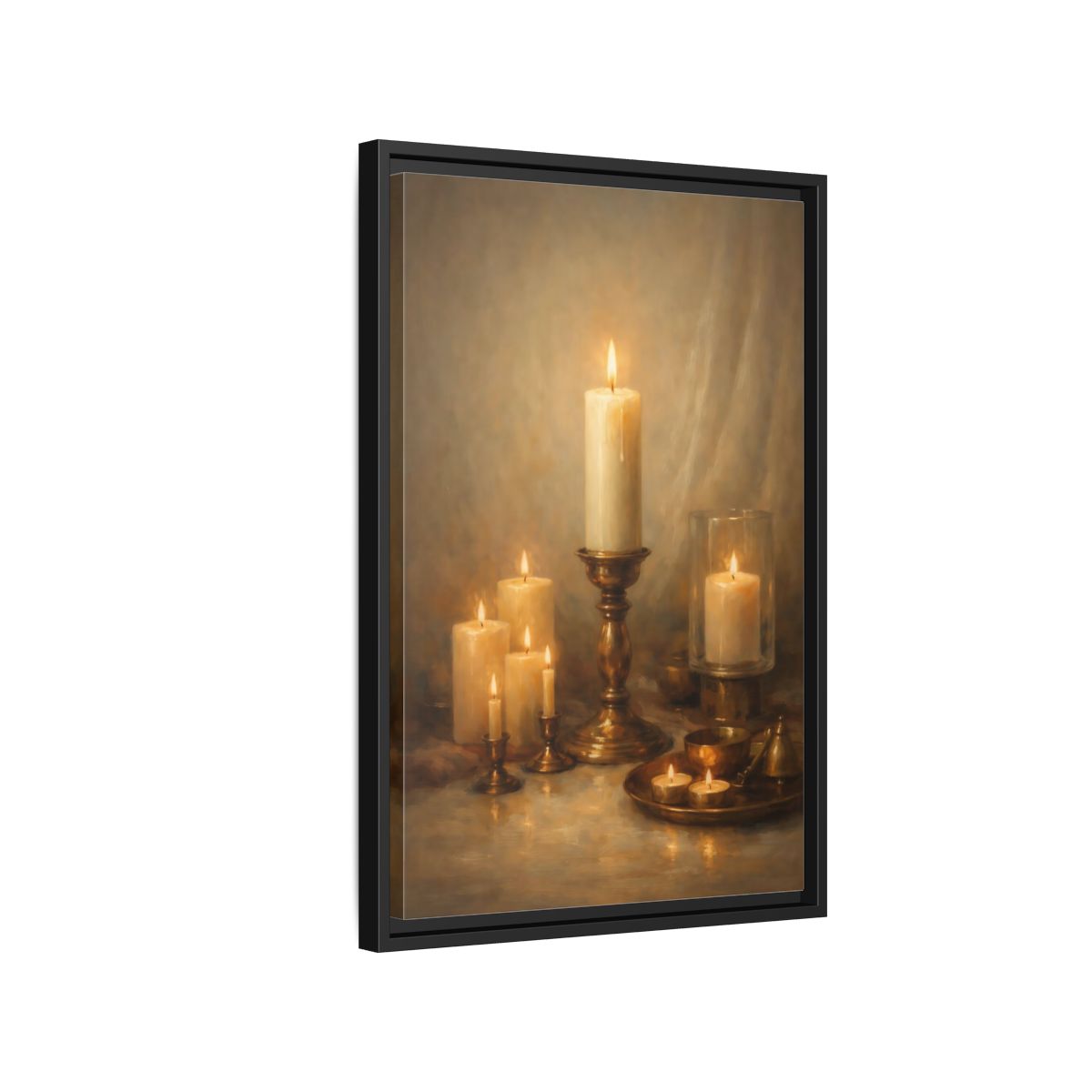 Side Mockup 3. Vintage Candles Warm Golden Light shown as stretched canvas wall art