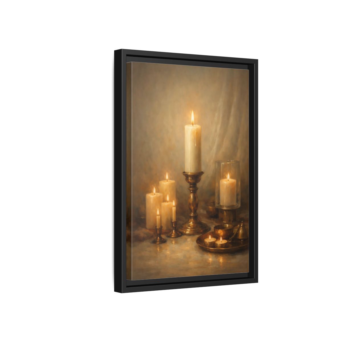 Side Mockup 6. Vintage Candles Warm Golden Light shown as stretched canvas wall art