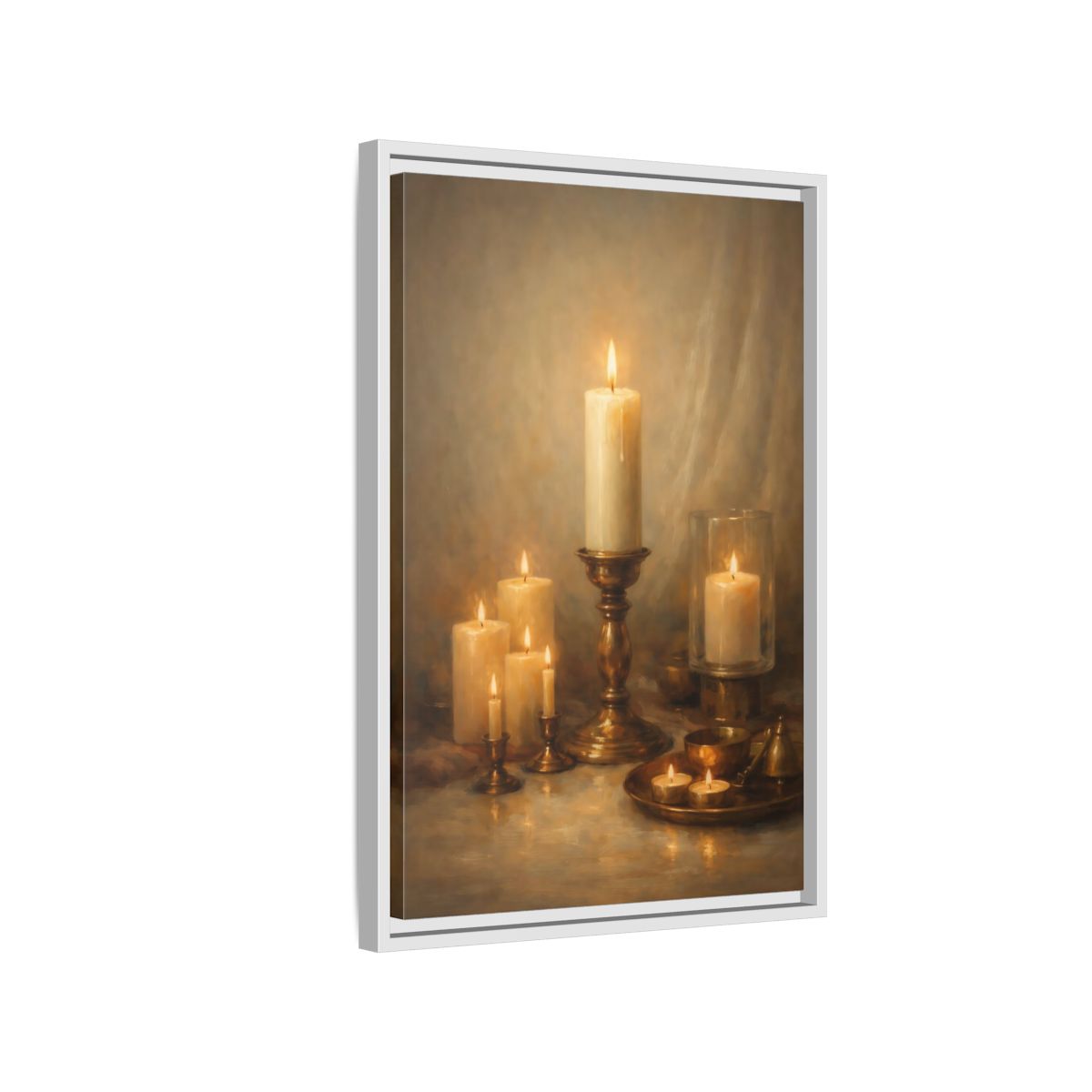 Side Mockup 1. Vintage Candles Warm Golden Light shown as stretched canvas wall art