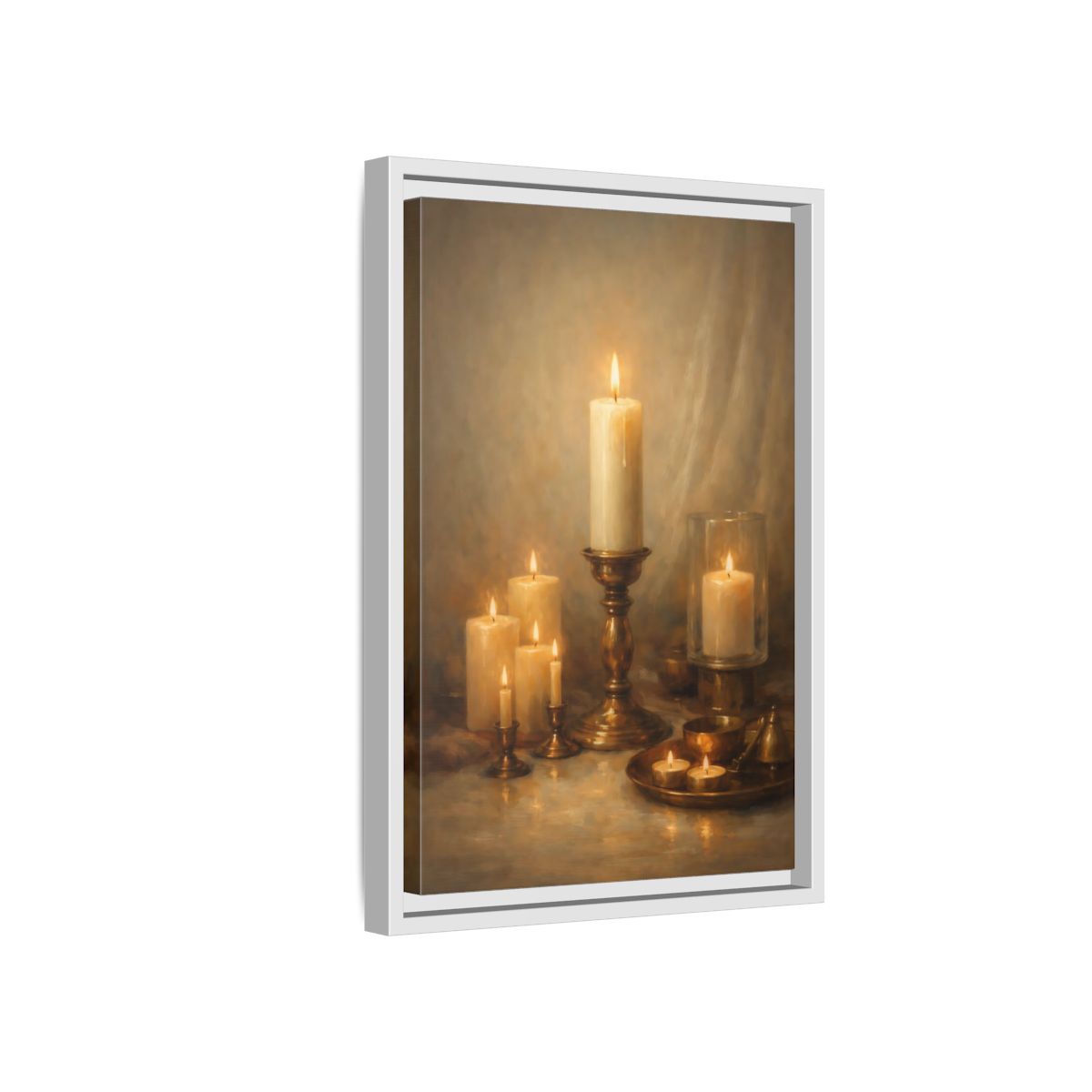 Side Mockup 4. Vintage Candles Warm Golden Light shown as stretched canvas wall art