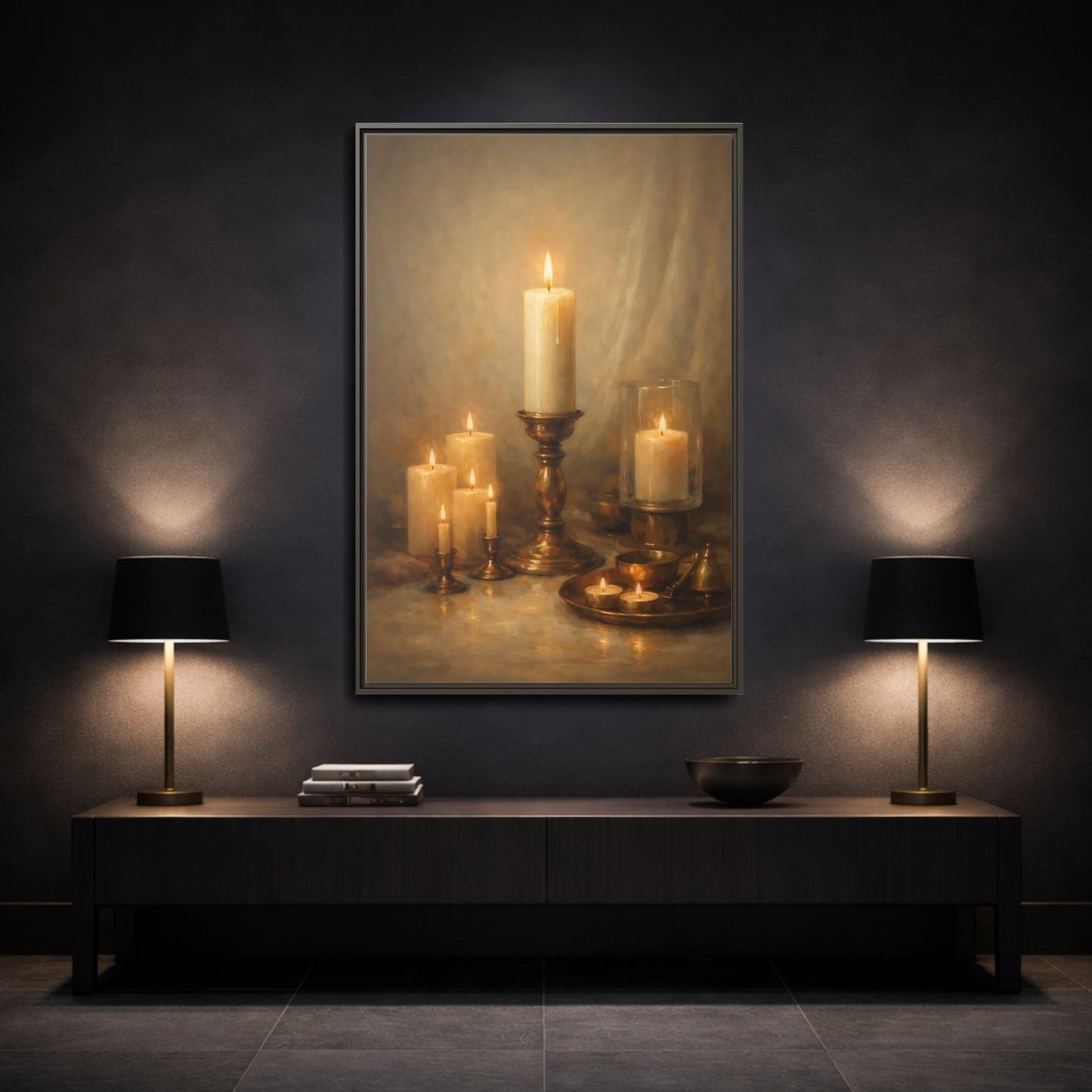 Mockup 2. Vintage Candles Warm Golden Light shown as stretched canvas wall art