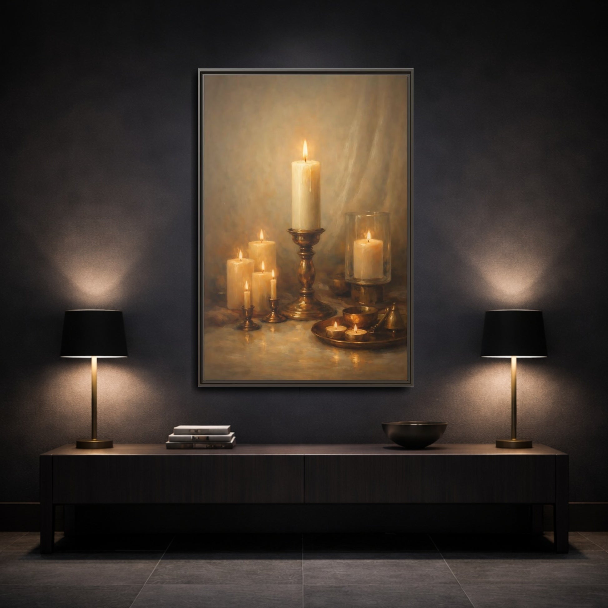 Mockup 2. Vintage Candles Warm Golden Light shown as stretched canvas wall art