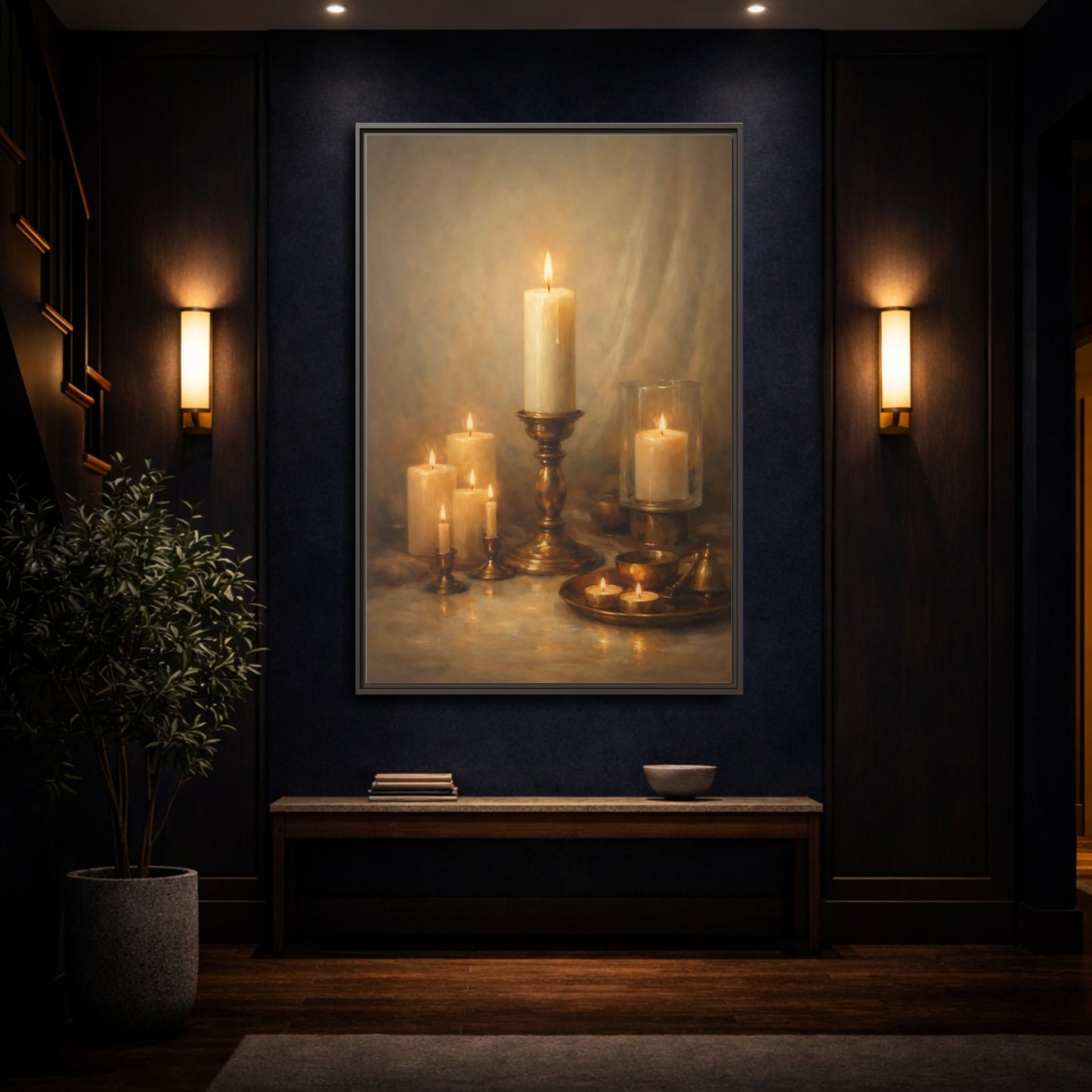 Mockup 3. Vintage Candles Warm Golden Light shown as stretched canvas wall art