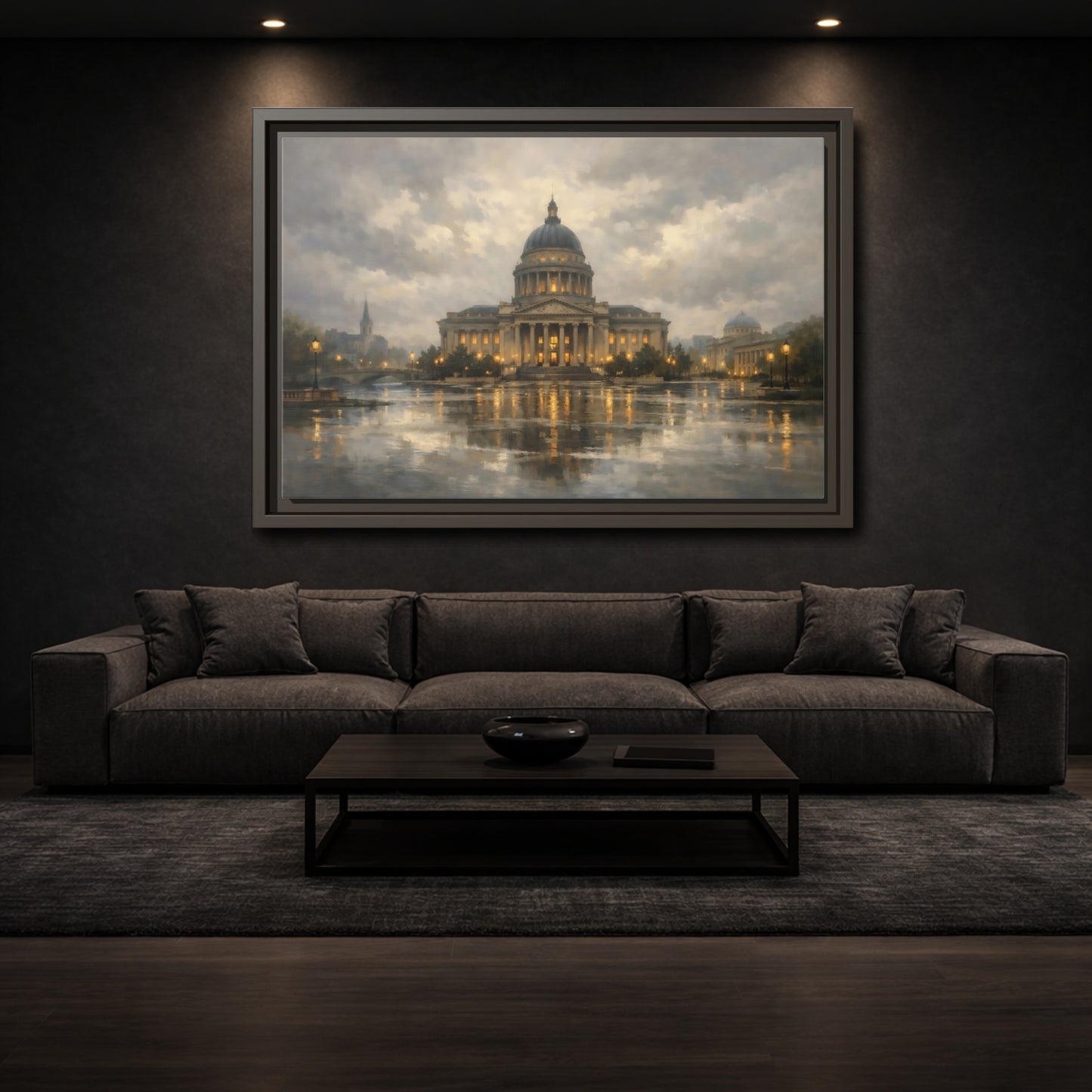 Mockup 2. Vintage Capitol Building Grand Building Reflection shown as stretched canvas wall art