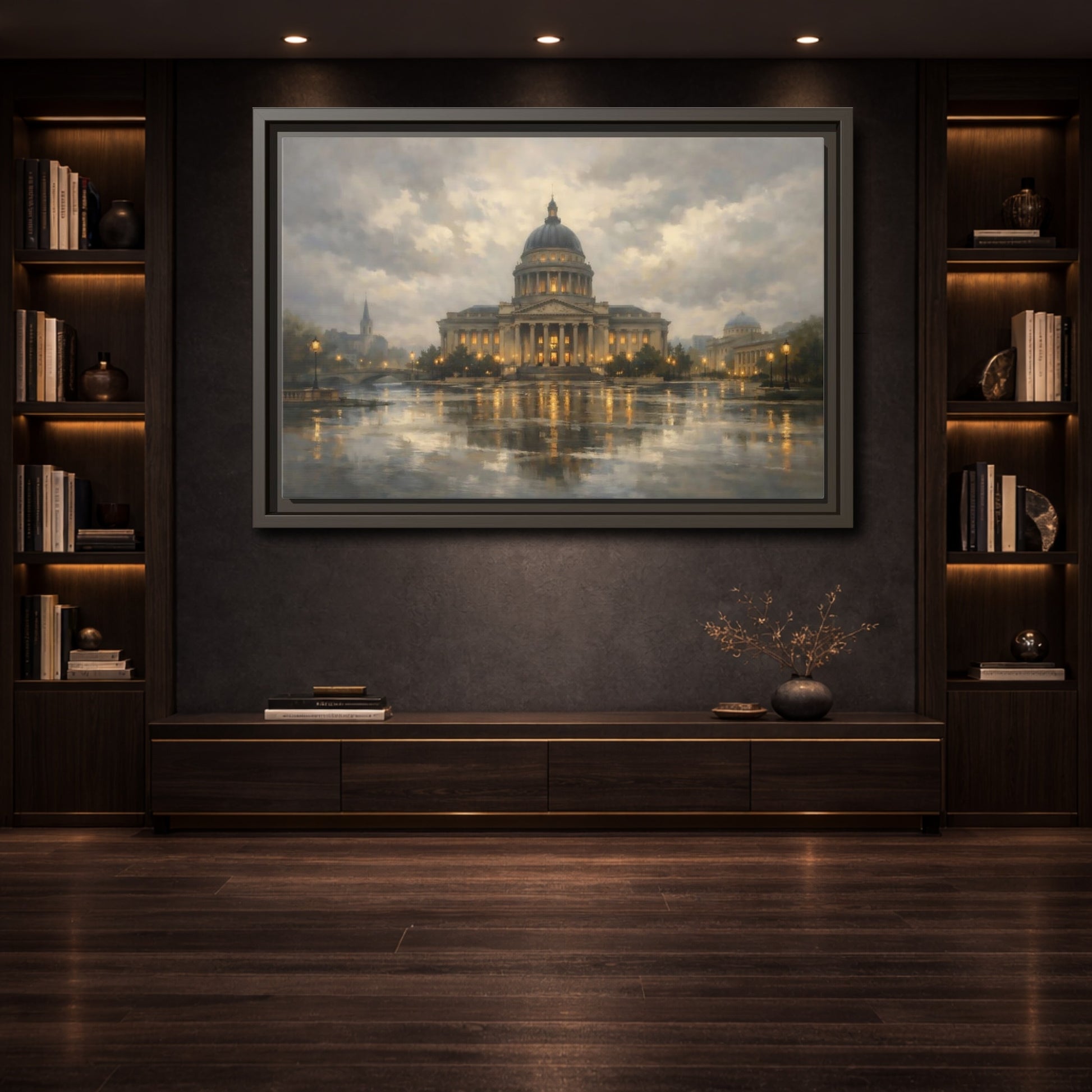 Mockup 3. Vintage Capitol Building Grand Building Reflection shown as stretched canvas wall art