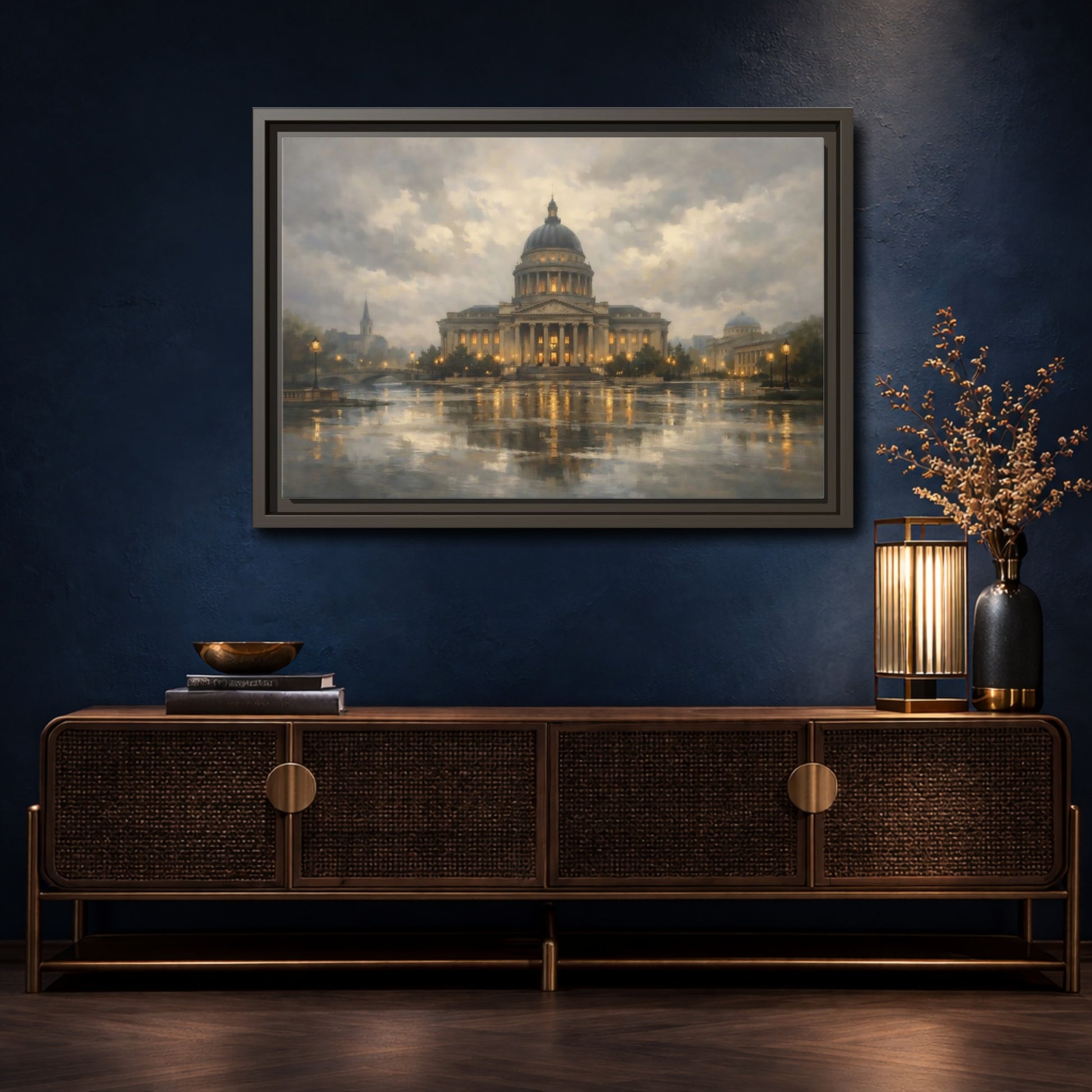 Mockup 4. Vintage Capitol Building Grand Building Reflection shown as stretched canvas wall art
