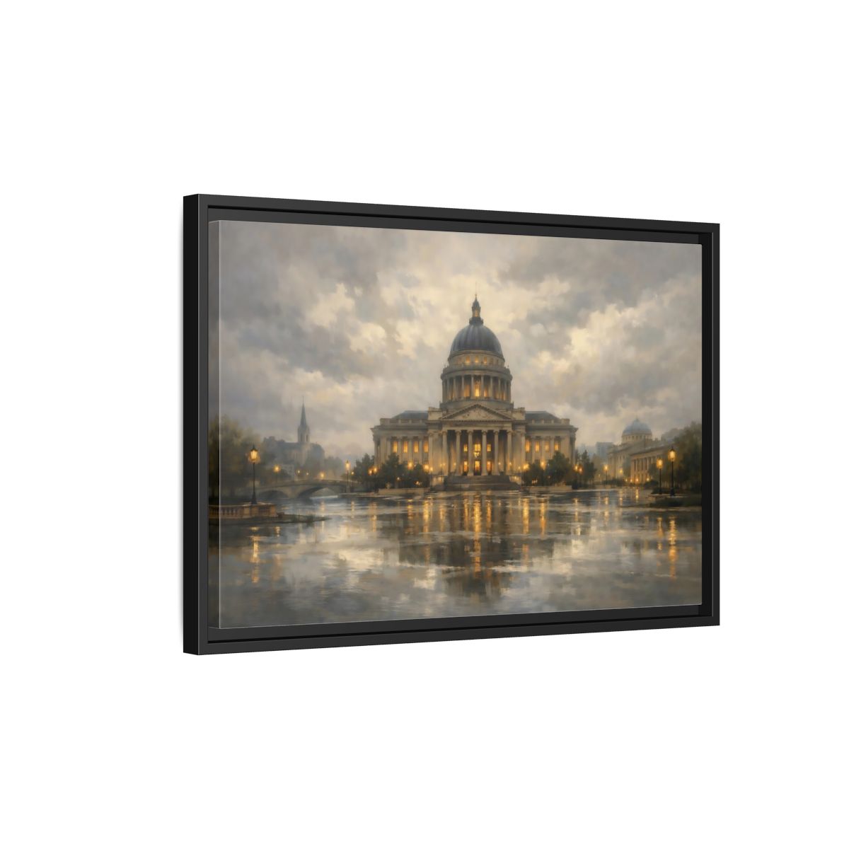 Side Mockup 3. Vintage Capitol Building Grand Building Reflection shown as stretched canvas wall art
