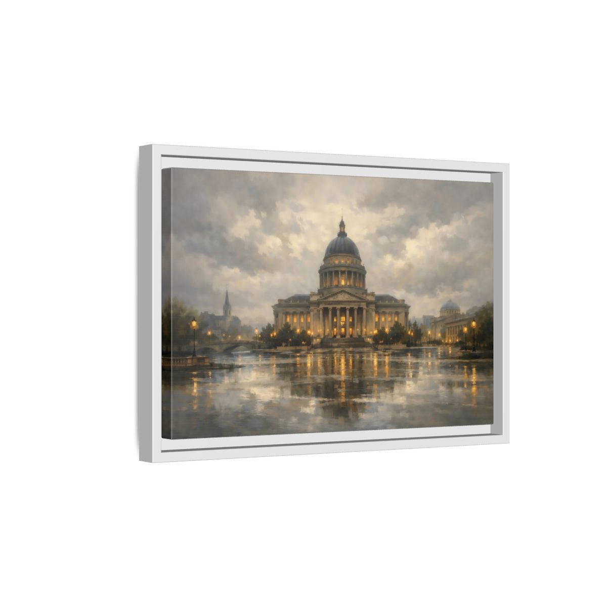 Side Mockup 4. Vintage Capitol Building Grand Building Reflection shown as stretched canvas wall art
