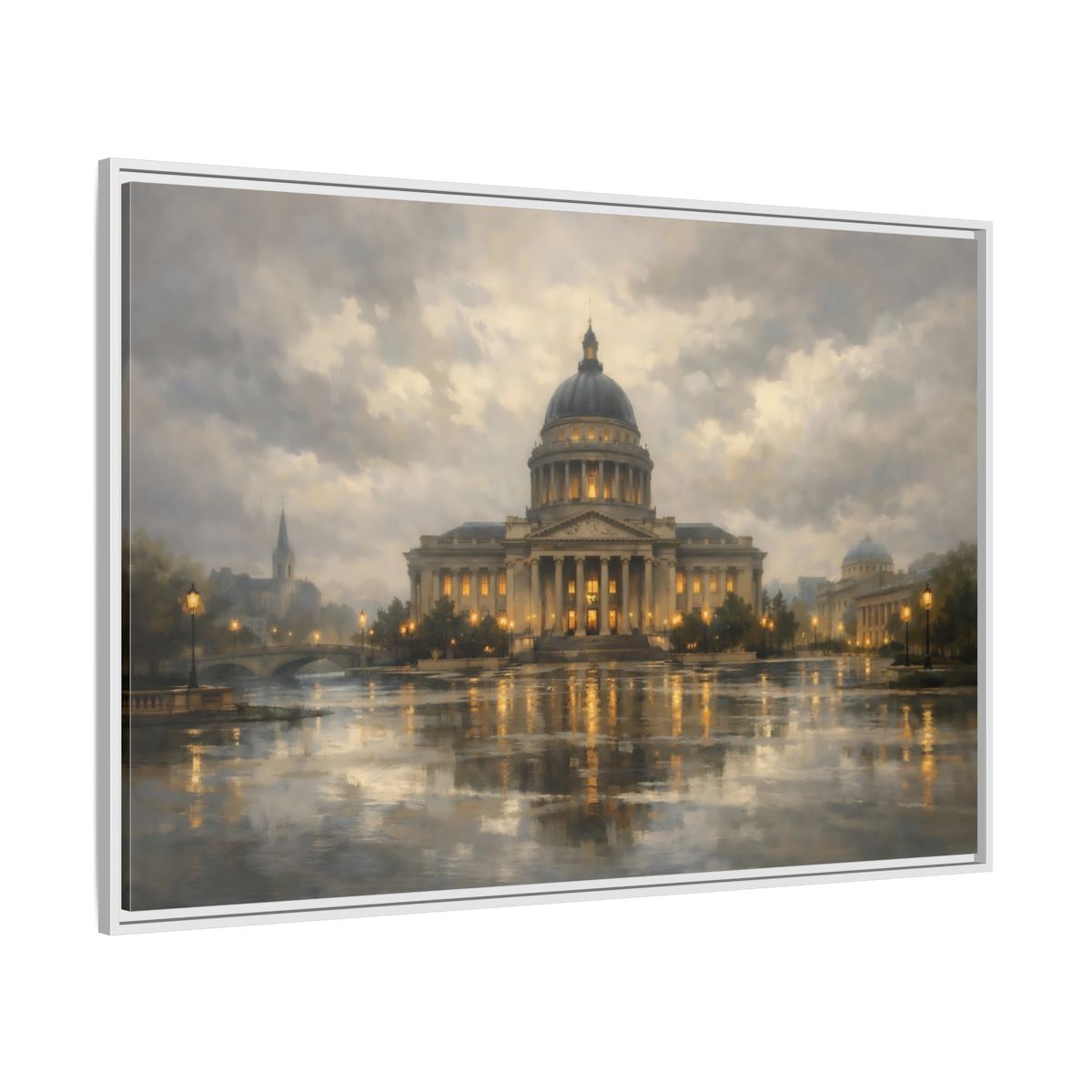 Side Mockup 7. Vintage Capitol Building Grand Building Reflection shown as stretched canvas wall art