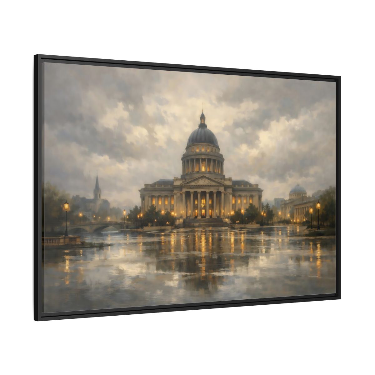 Side Mockup 12. Vintage Capitol Building Grand Building Reflection shown as stretched canvas wall art