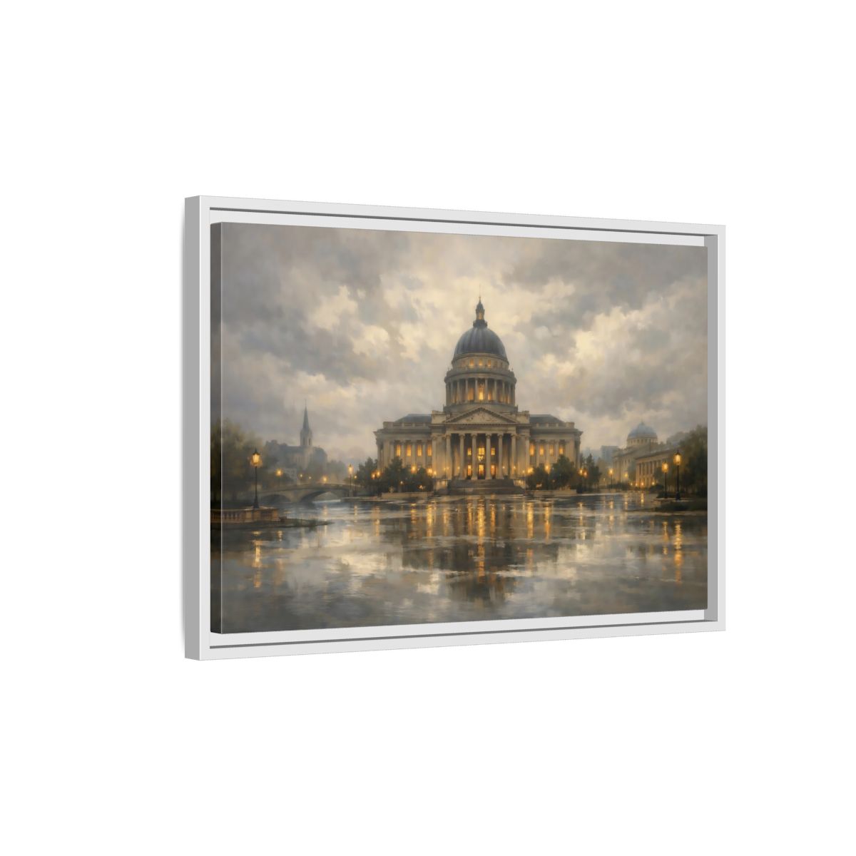 Side Mockup 1. Vintage Capitol Building Grand Building Reflection shown as stretched canvas wall art