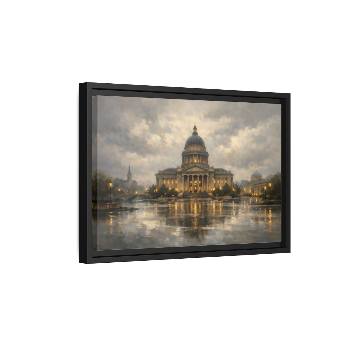 Side Mockup 6. Vintage Capitol Building Grand Building Reflection shown as stretched canvas wall art