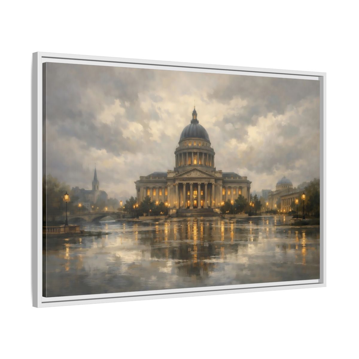 Side Mockup 8. Vintage Capitol Building Grand Building Reflection shown as stretched canvas wall art