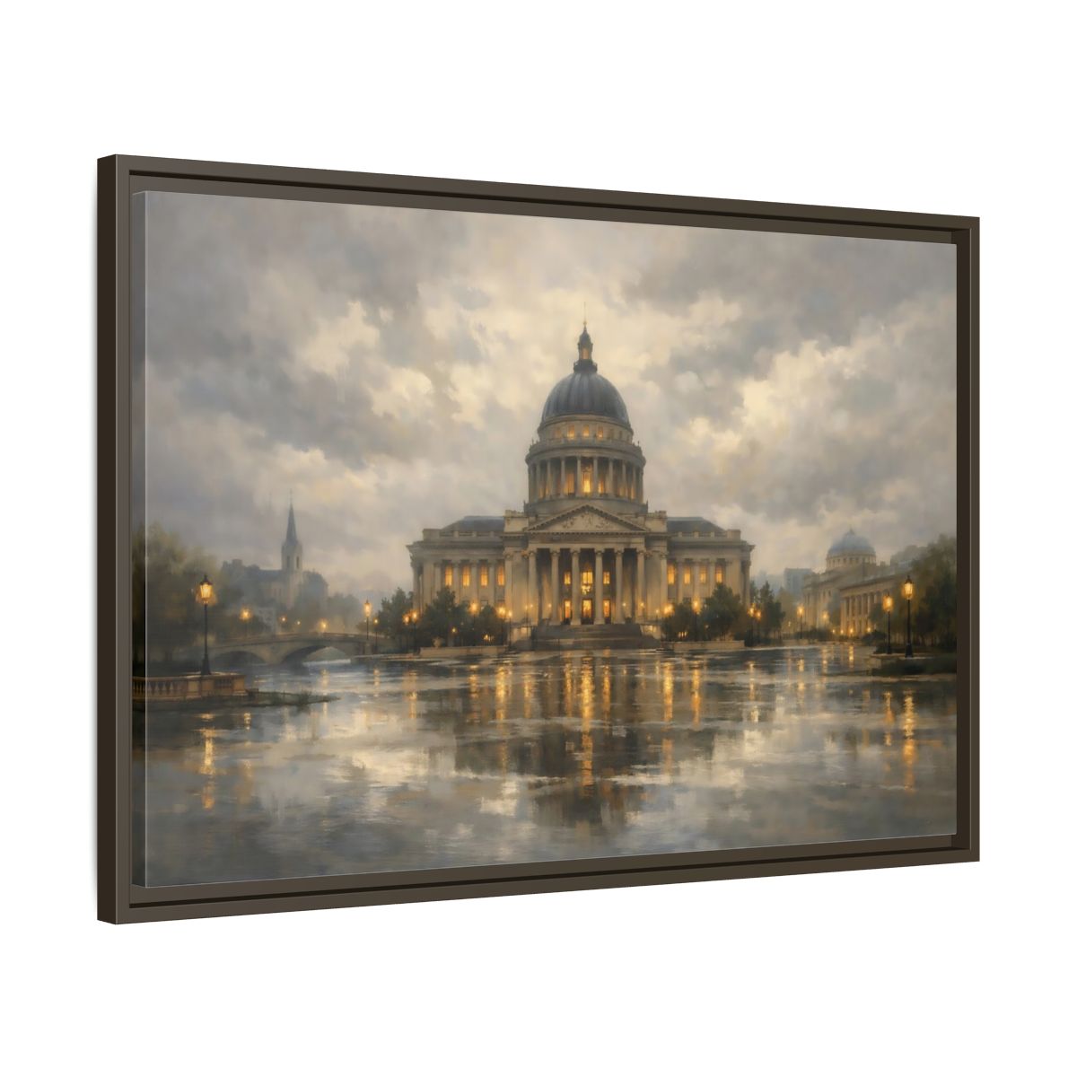 Side Mockup 11. Vintage Capitol Building Grand Building Reflection shown as stretched canvas wall art
