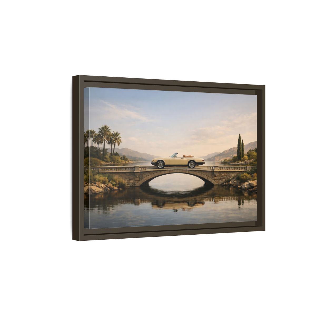 Side Mockup 5. Vintage Vintage Car Vintage Car Lake shown as stretched canvas wall art