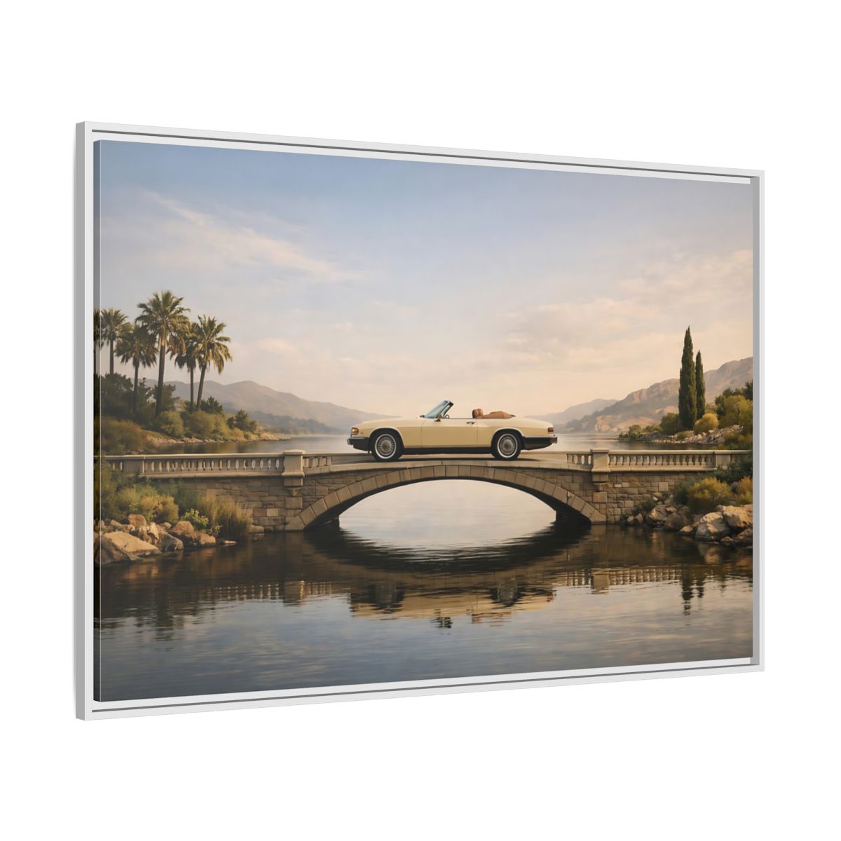 Side Mockup 7. Vintage Vintage Car Vintage Car Lake shown as stretched canvas wall art