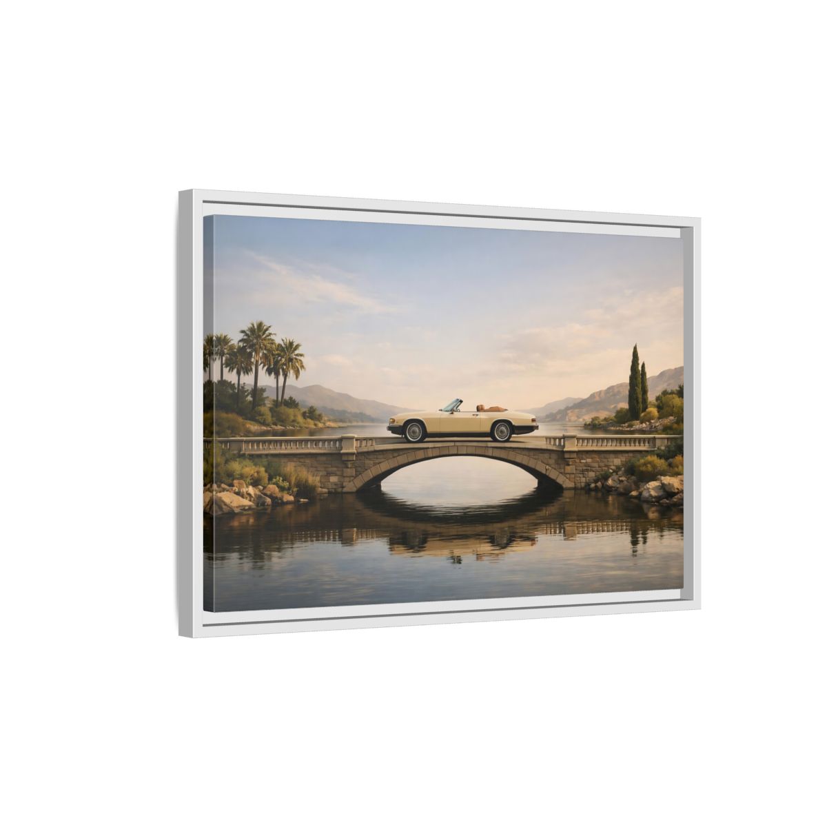 Side Mockup 1. Vintage Vintage Car Vintage Car Lake shown as stretched canvas wall art