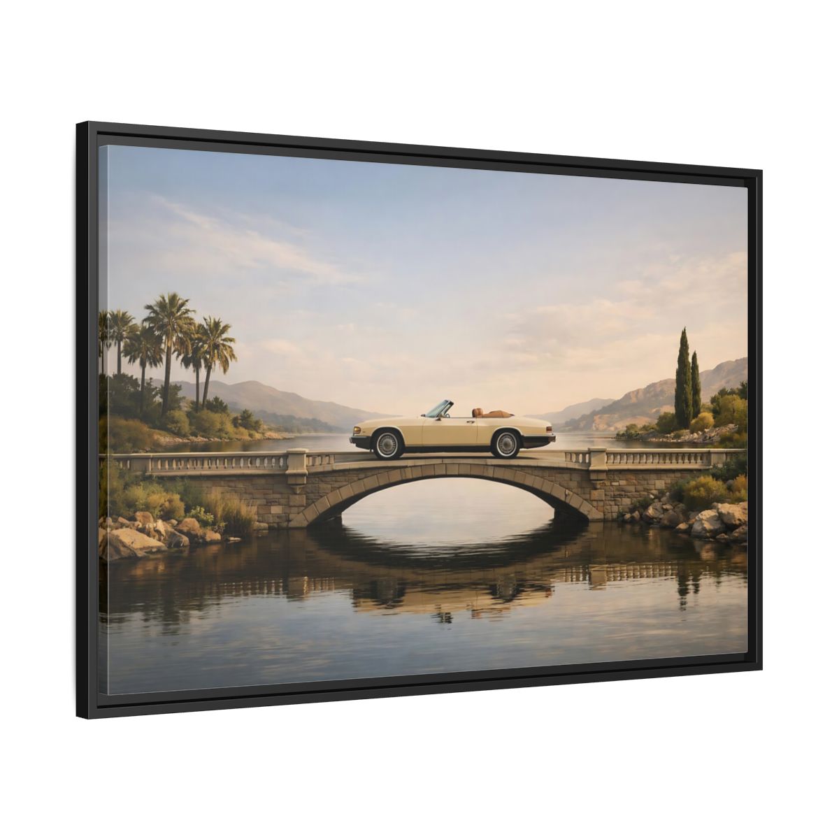 Side Mockup 13. Vintage Vintage Car Vintage Car Lake shown as stretched canvas wall art