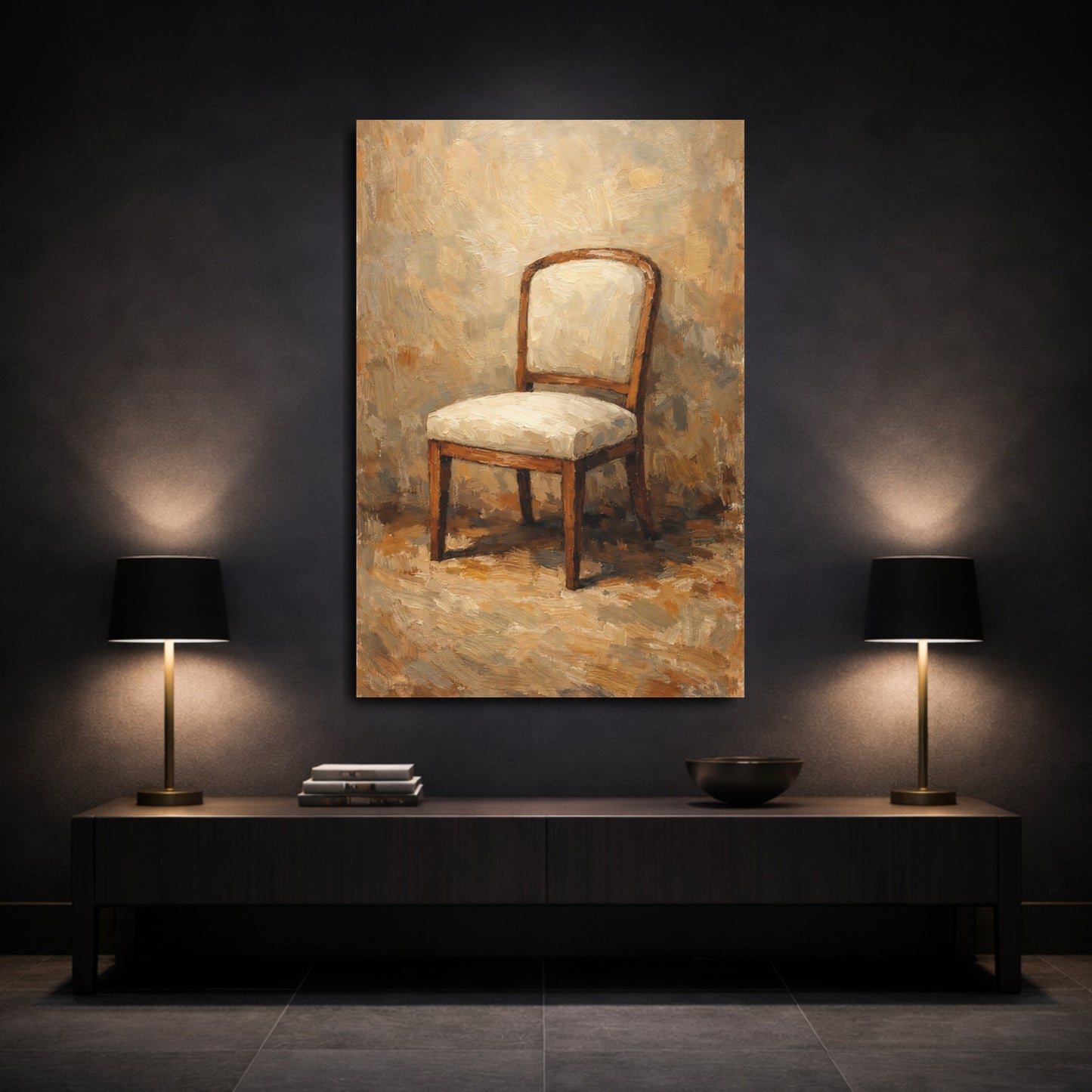 Mockup 2. Vintage Chair Brown And Beige Chair shown as stretched canvas wall art