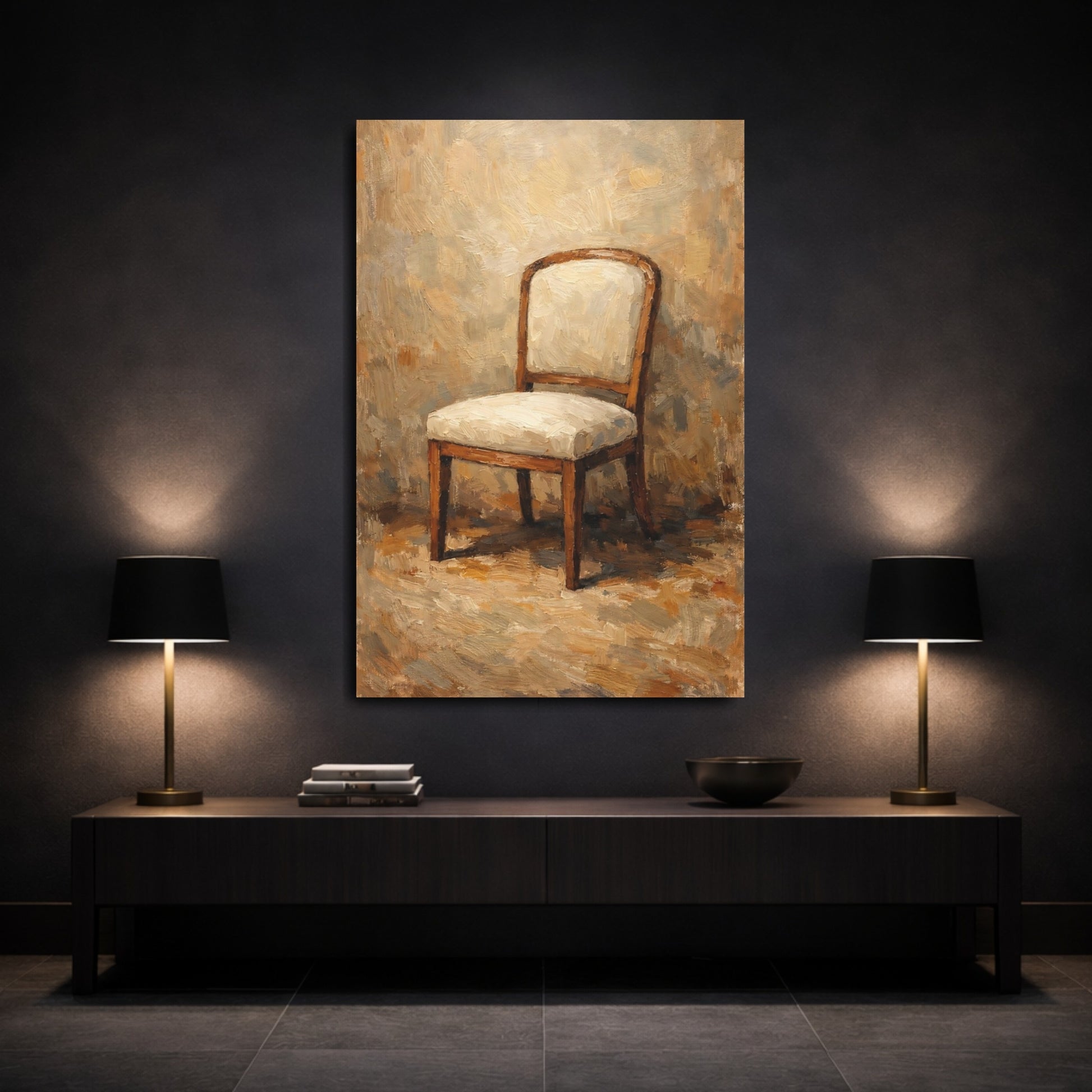 Mockup 2. Vintage Chair Brown And Beige Chair shown as stretched canvas wall art