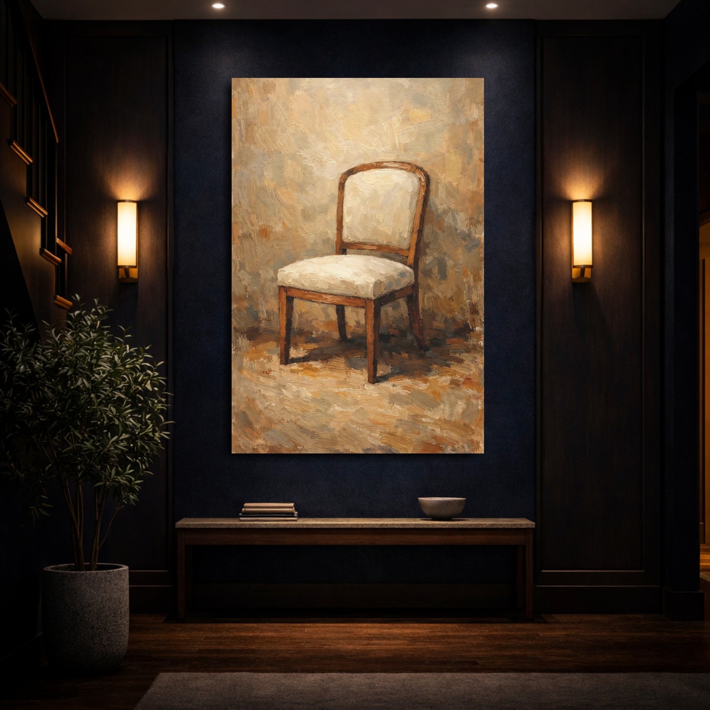 Mockup 3. Vintage Chair Brown And Beige Chair shown as stretched canvas wall art