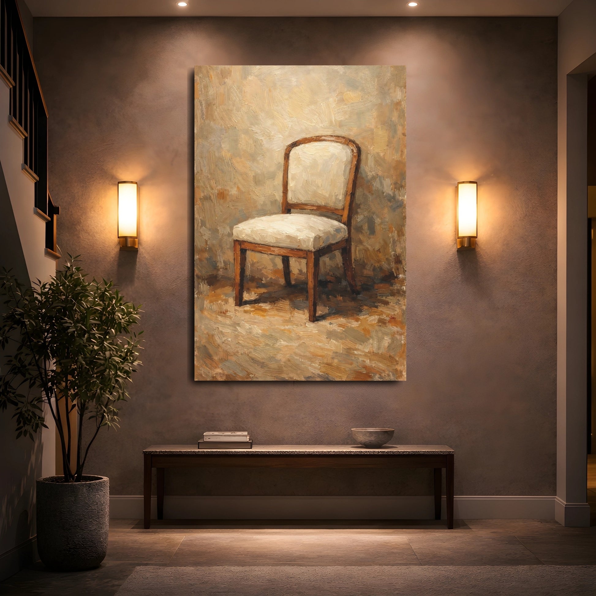 Mockup 4. Vintage Chair Brown And Beige Chair shown as stretched canvas wall art