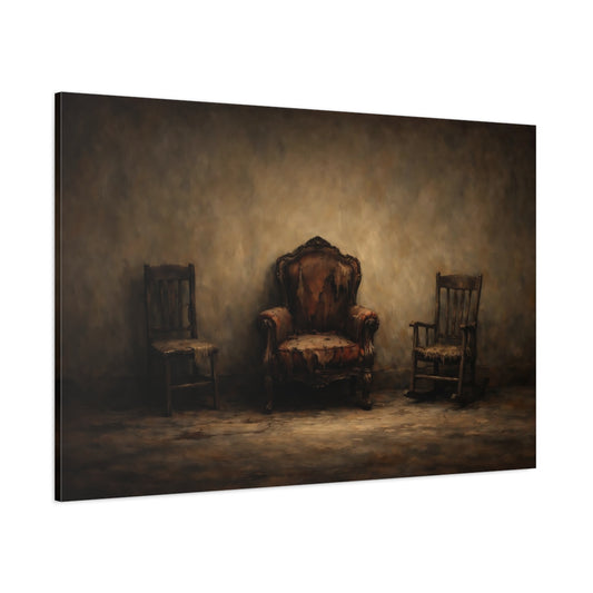 Main Mockup. Vintage Chairs Brown And Gray shown as stretched canvas wall art