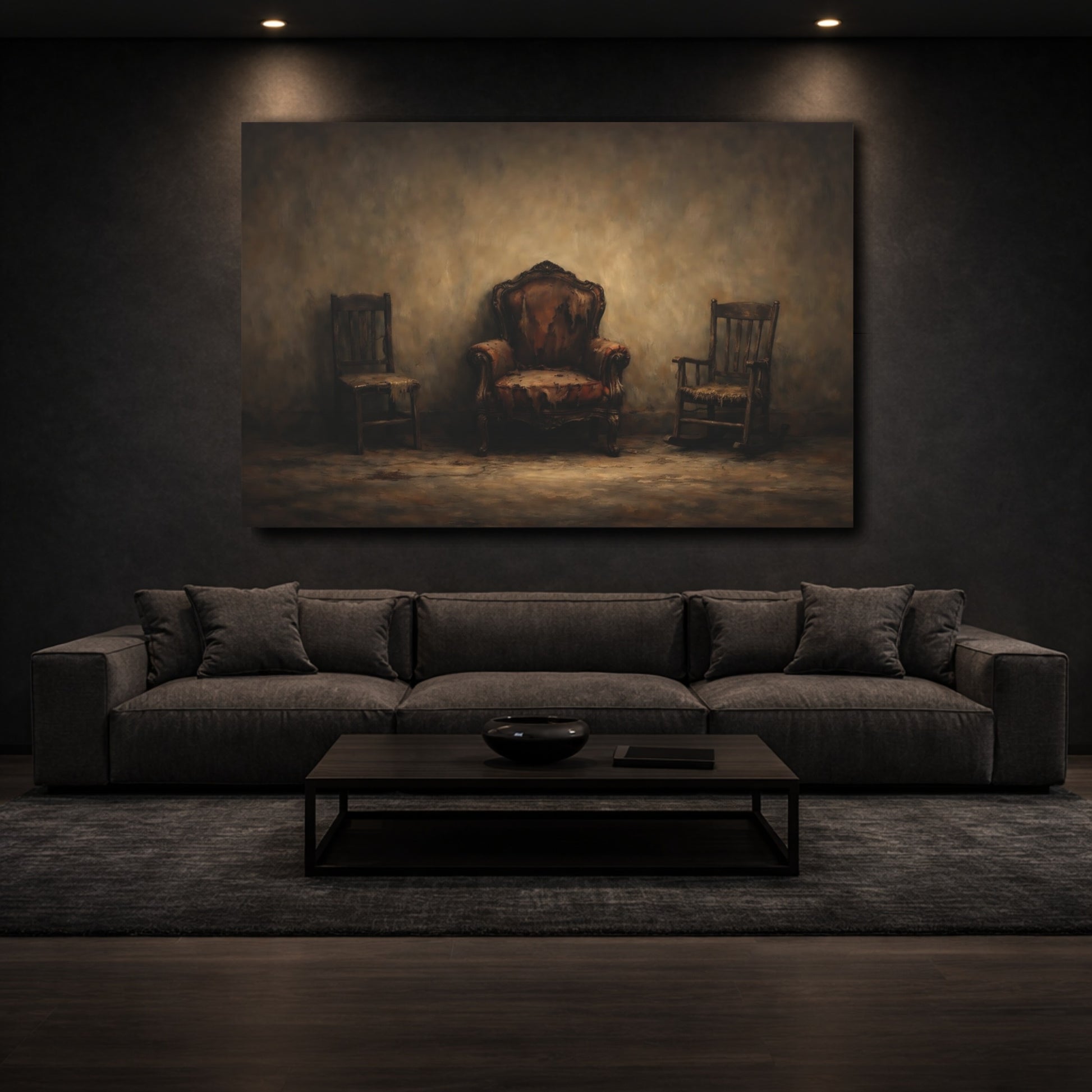 Mockup 2. Vintage Chairs Brown And Gray shown as stretched canvas wall art