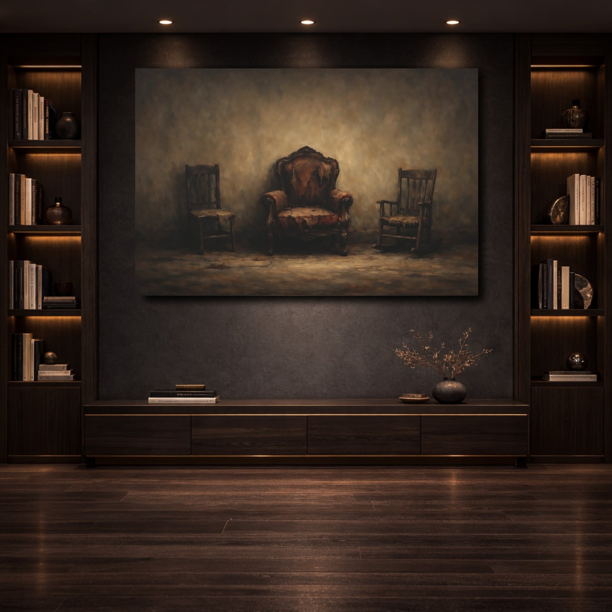 Mockup 3. Vintage Chairs Brown And Gray shown as stretched canvas wall art
