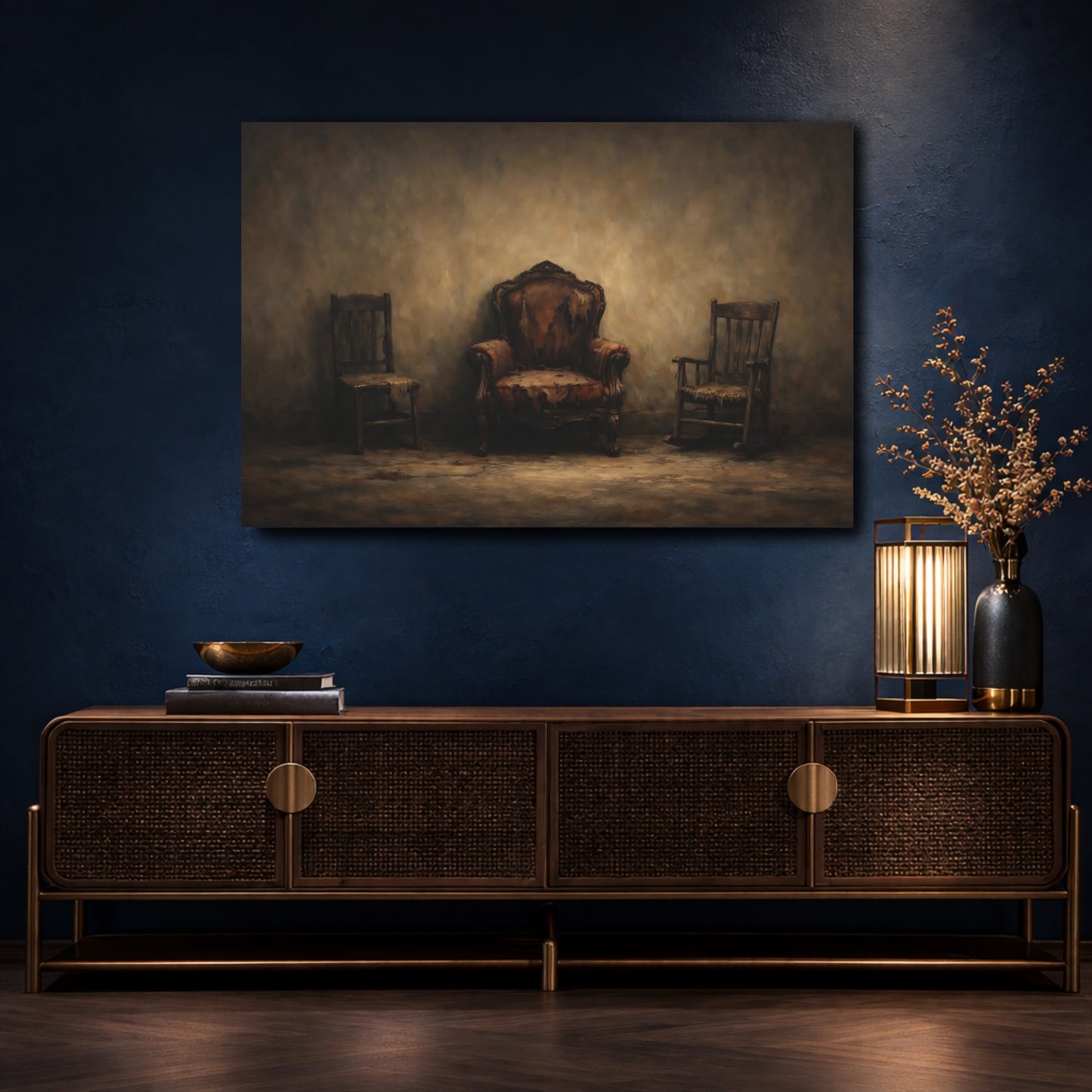 Mockup 4. Vintage Chairs Brown And Gray shown as stretched canvas wall art