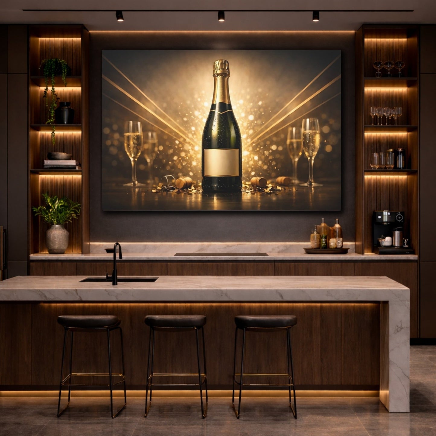 Vintage Champagne Bottle Golden Celebration - Canvas Wall Art Print - YesArtYes