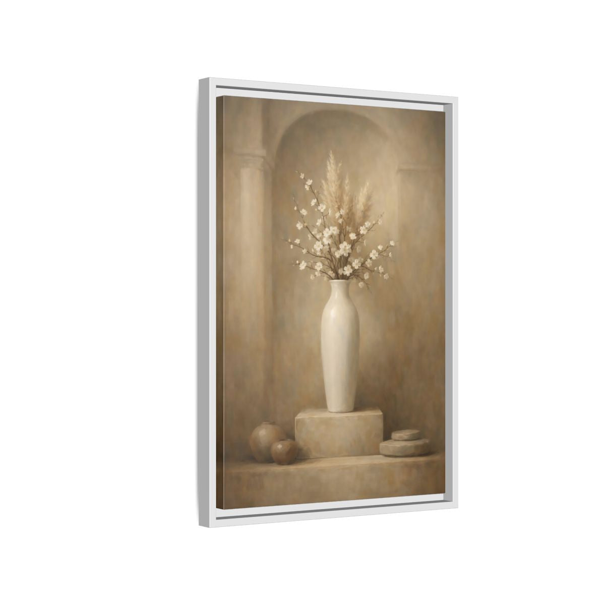 Side Mockup 1. Vintage Cherry Blossoms Vintage Floral Still Life shown as stretched canvas wall art