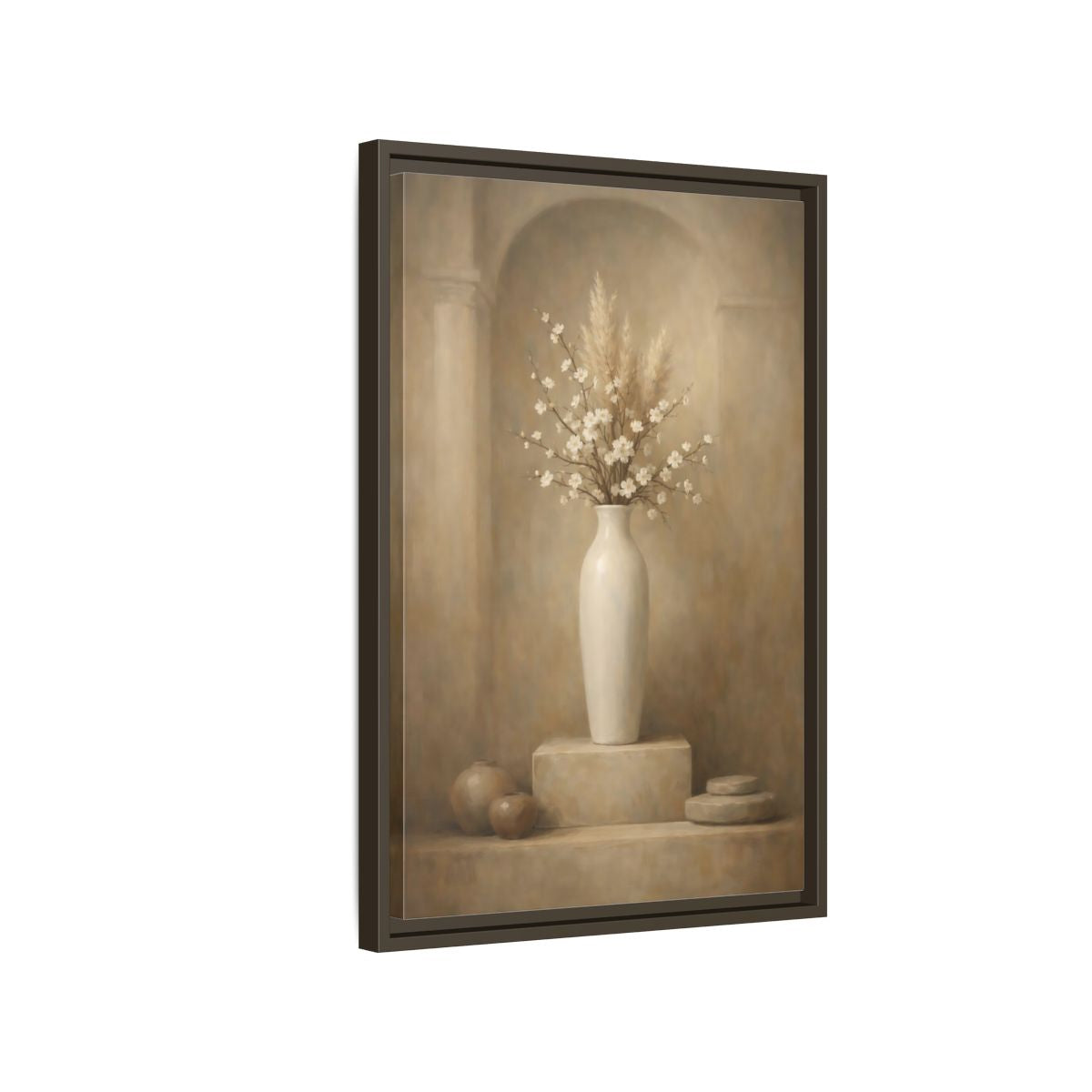 Side Mockup 2. Vintage Cherry Blossoms Vintage Floral Still Life shown as stretched canvas wall art