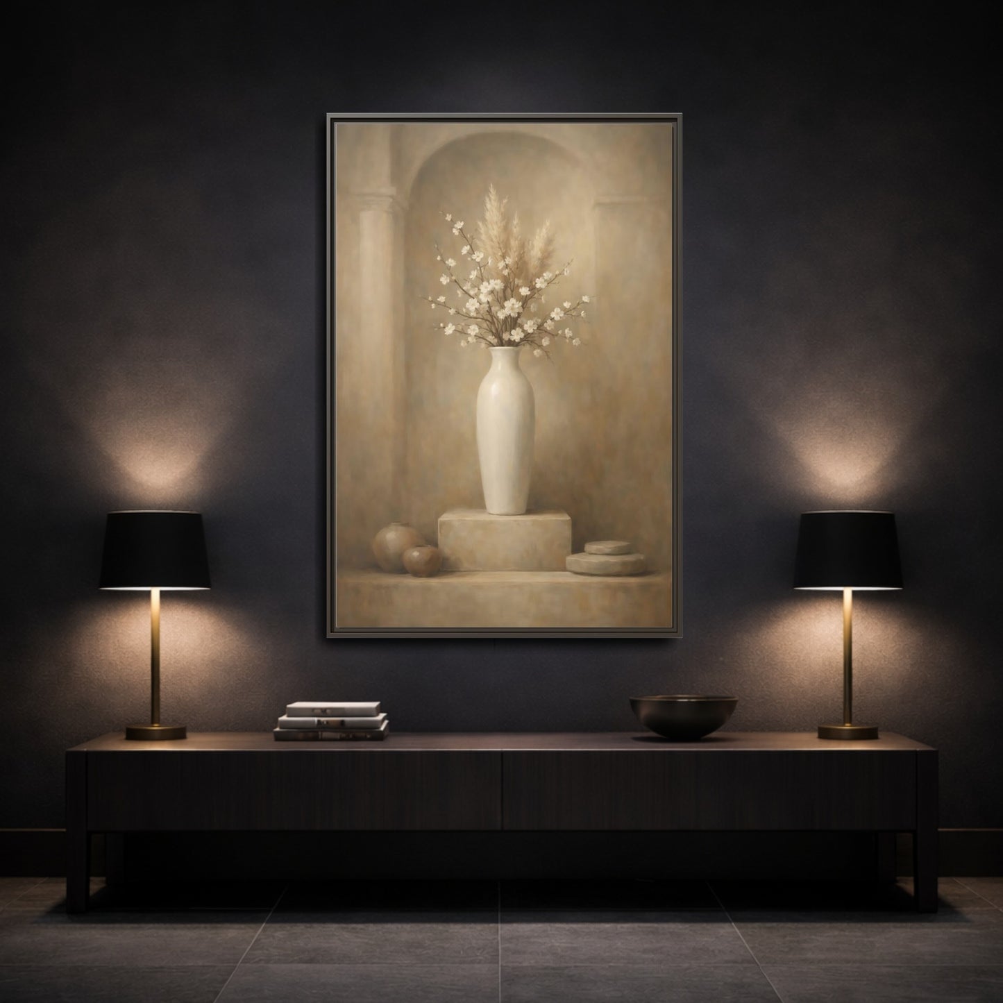 Mockup 2. Vintage Cherry Blossoms Vintage Floral Still Life shown as stretched canvas wall art