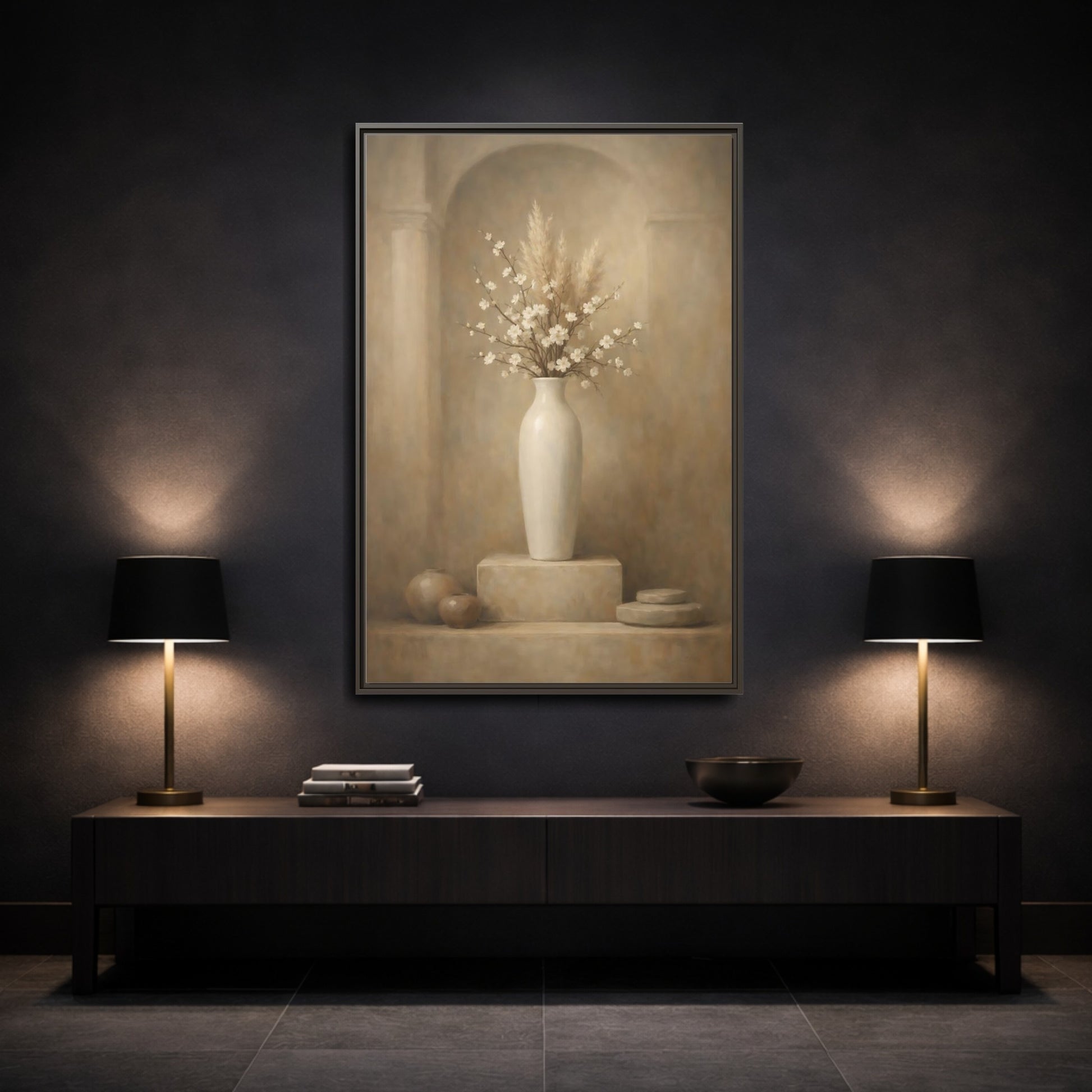 Mockup 2. Vintage Cherry Blossoms Vintage Floral Still Life shown as stretched canvas wall art
