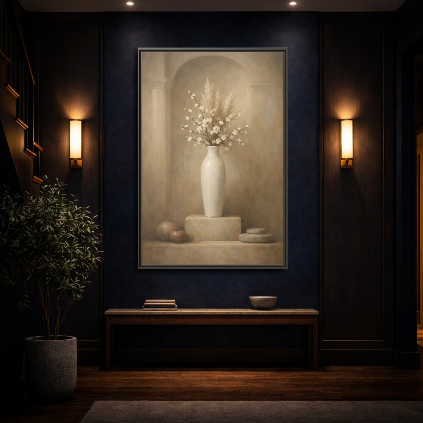 Mockup 3. Vintage Cherry Blossoms Vintage Floral Still Life shown as stretched canvas wall art