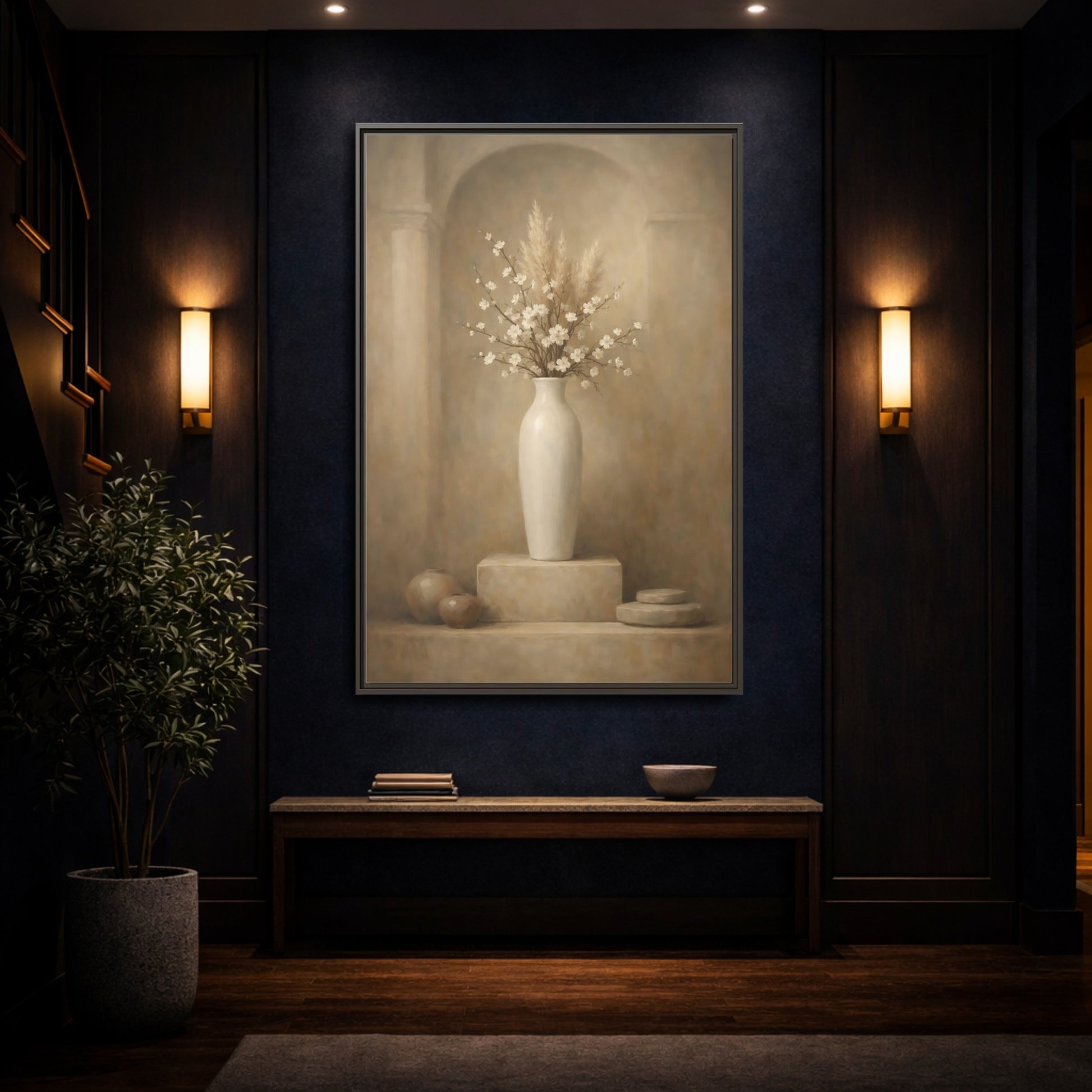 Mockup 3. Vintage Cherry Blossoms Vintage Floral Still Life shown as stretched canvas wall art