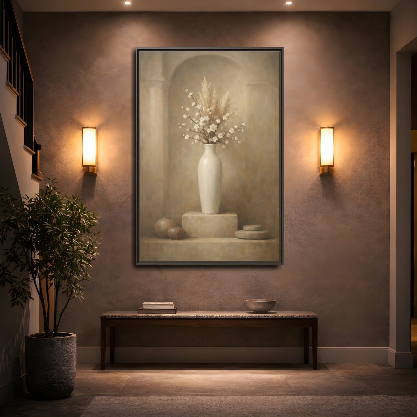 Mockup 4. Vintage Cherry Blossoms Vintage Floral Still Life shown as stretched canvas wall art