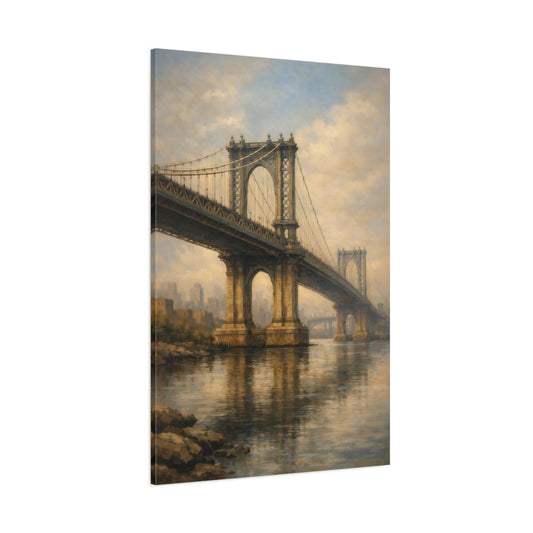 Main Mockup. Vintage City Bridge Brown And Gold shown as stretched canvas wall art