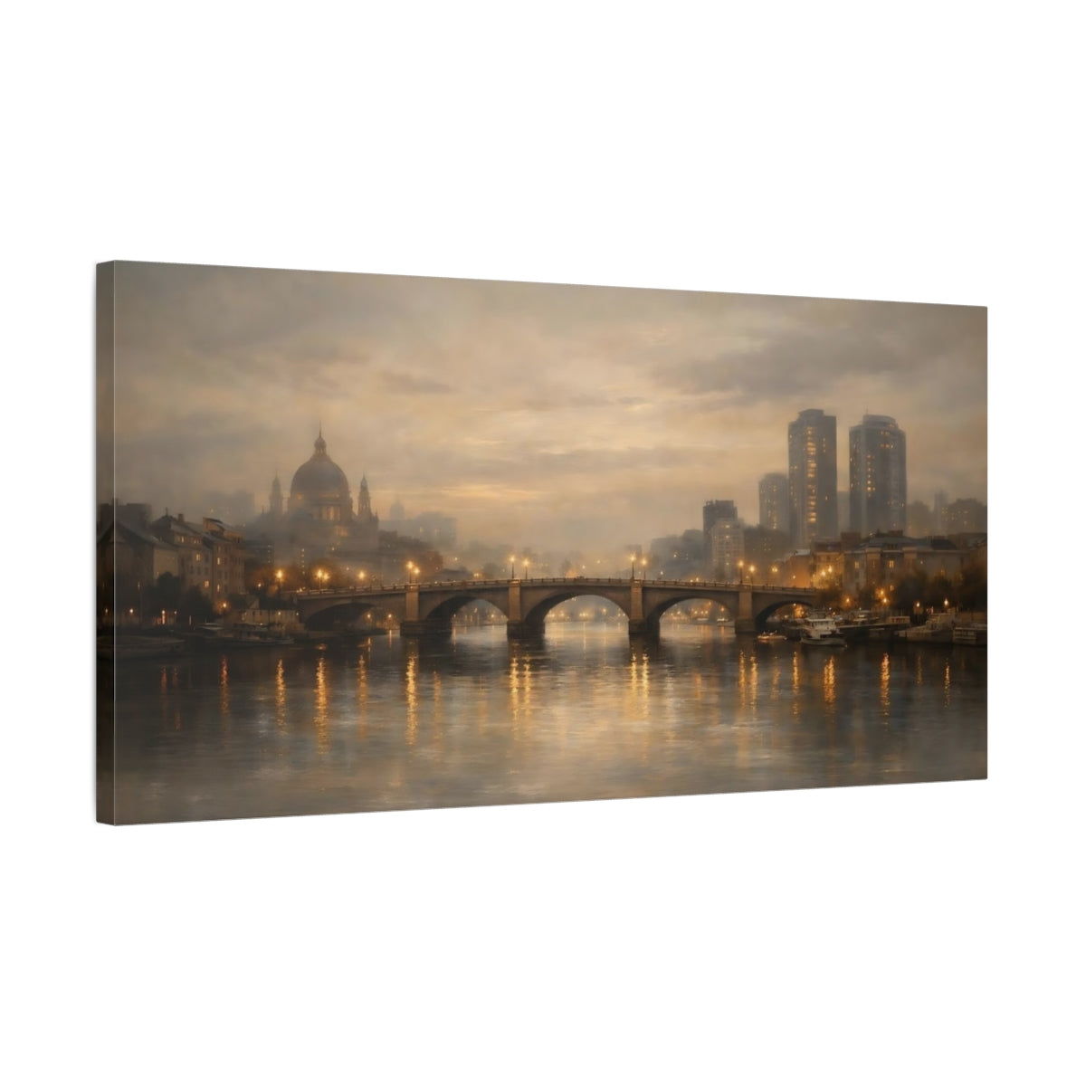 Side Mockup 2. Vintage City Bridge Brown And Gold shown as stretched canvas wall art