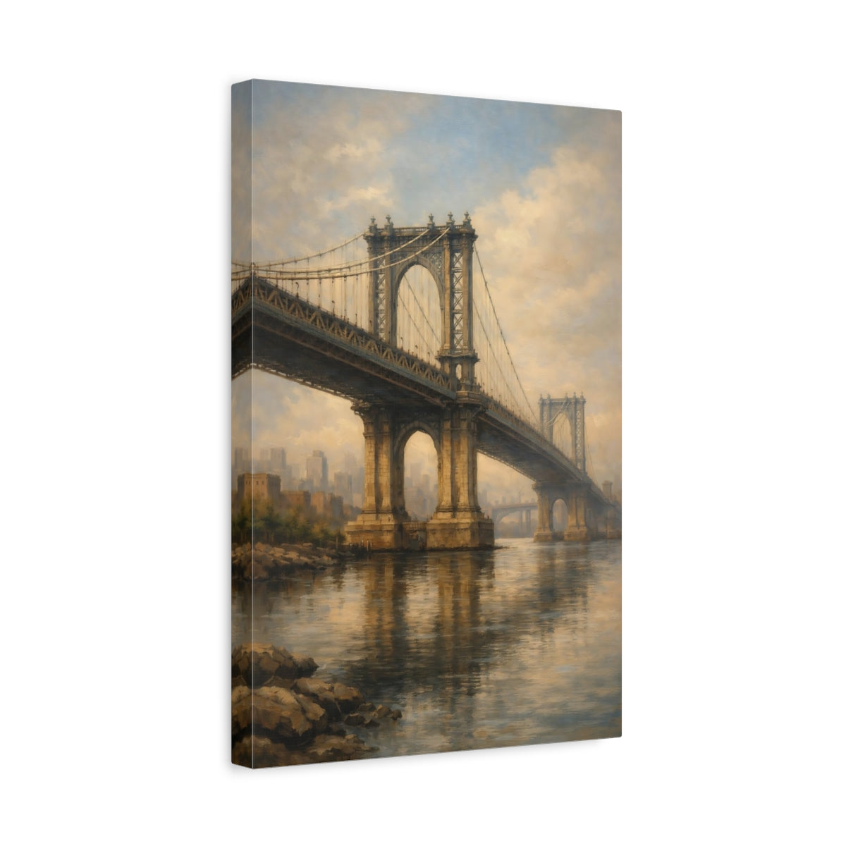 Side Mockup 4. Vintage City Bridge Brown And Gold shown as stretched canvas wall art
