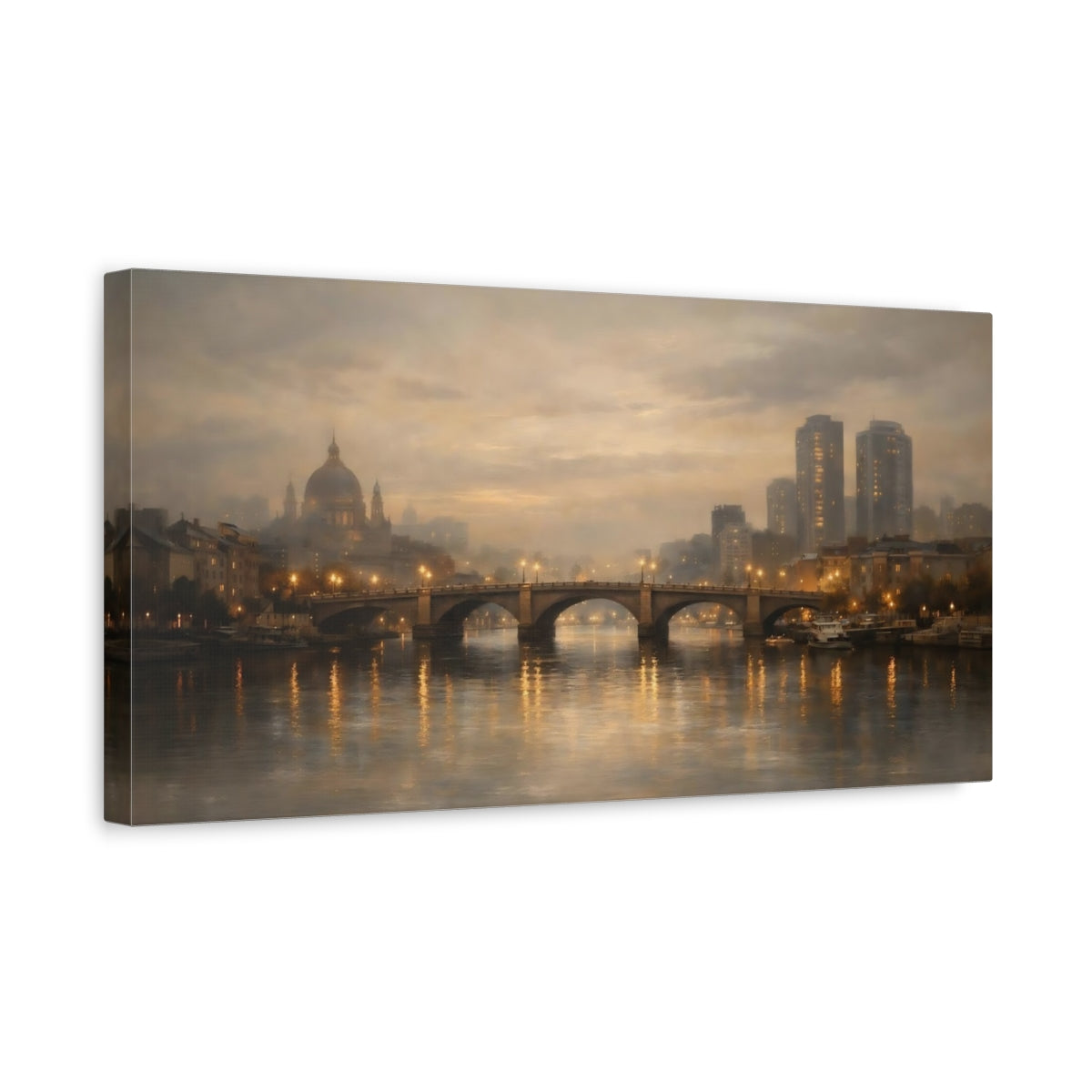 Side Mockup 3. Vintage City Bridge Brown And Gold shown as stretched canvas wall art