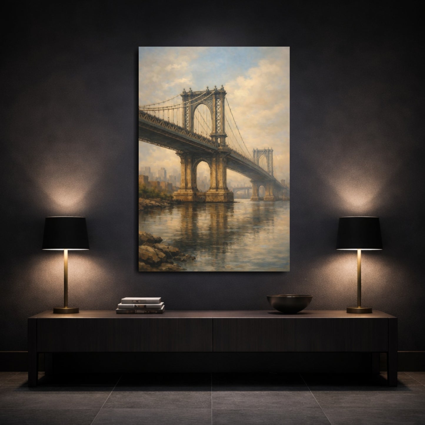Mockup 2. Vintage City Bridge Brown And Gold shown as stretched canvas wall art
